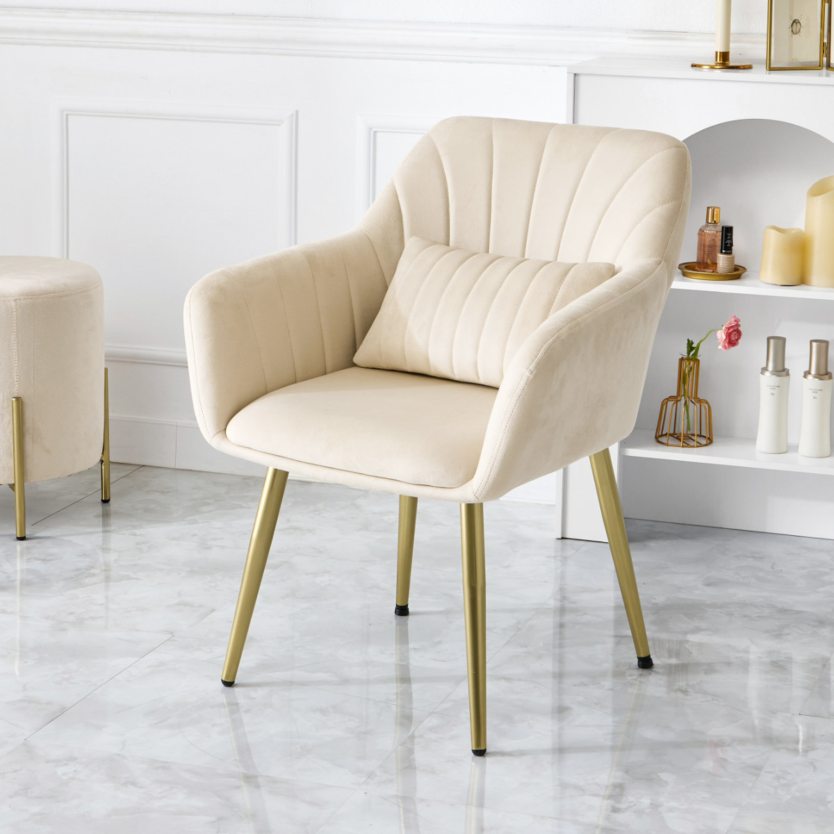 チェア 座面高41cm ベロア クッション付き 姫系 貝殻 シェル 椅子 ( リビングチェア ダイニング イス 食卓椅子 デスクチェア 座面 低い 広い 肘掛け ファブリック チェアー いす 食卓 リビング パーソナルチェア ドレッサー ) 【ライトグレー】 ライトグレー