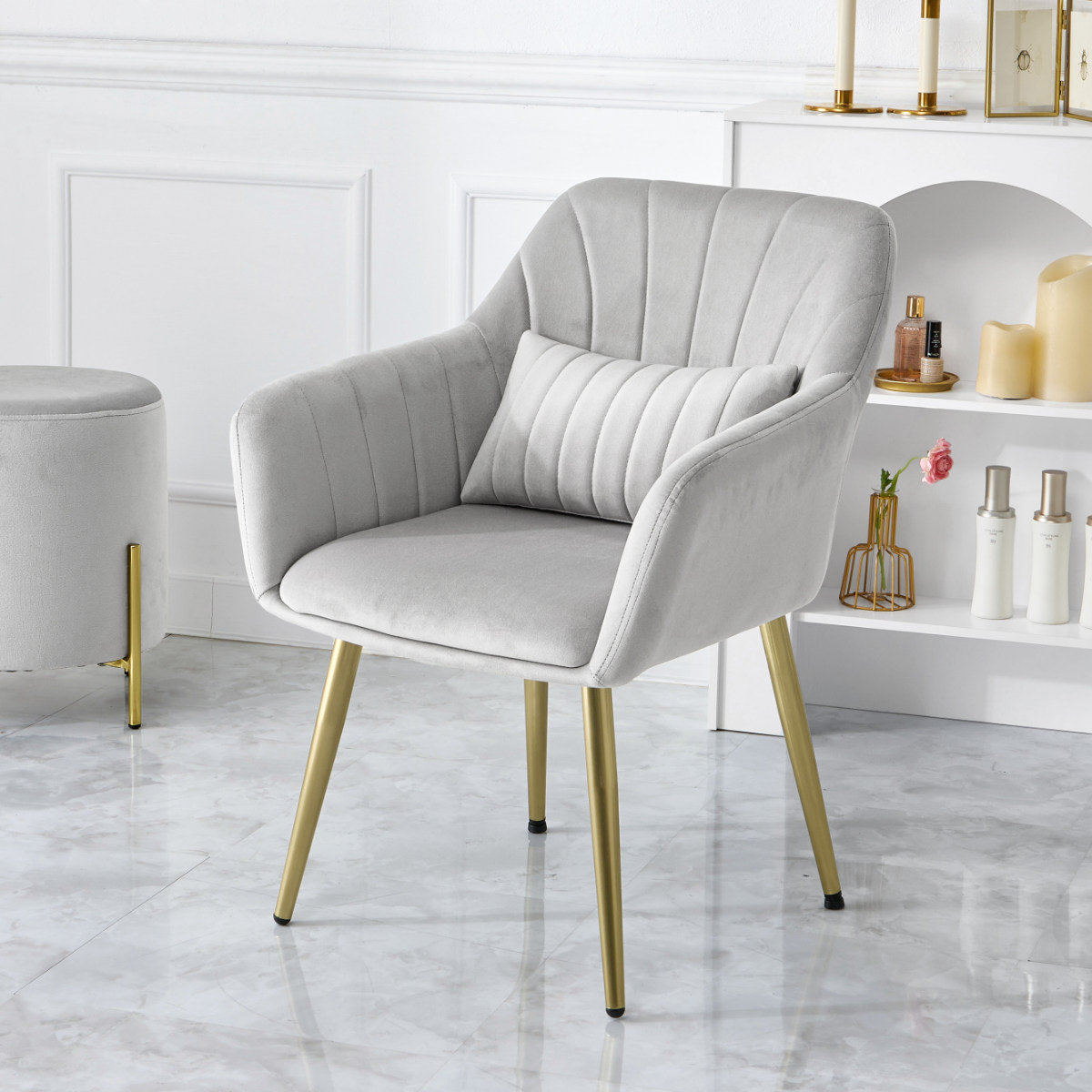 チェア 座面高41cm ベロア クッション付き 姫系 貝殻 シェル 椅子 ( リビングチェア ダイニング イス 食卓椅子 デスクチェア 座面 低い 広い 肘掛け ファブリック チェアー いす 食卓 リビング パーソナルチェア ドレッサー ) 【ライトグレー】 ライトグレー