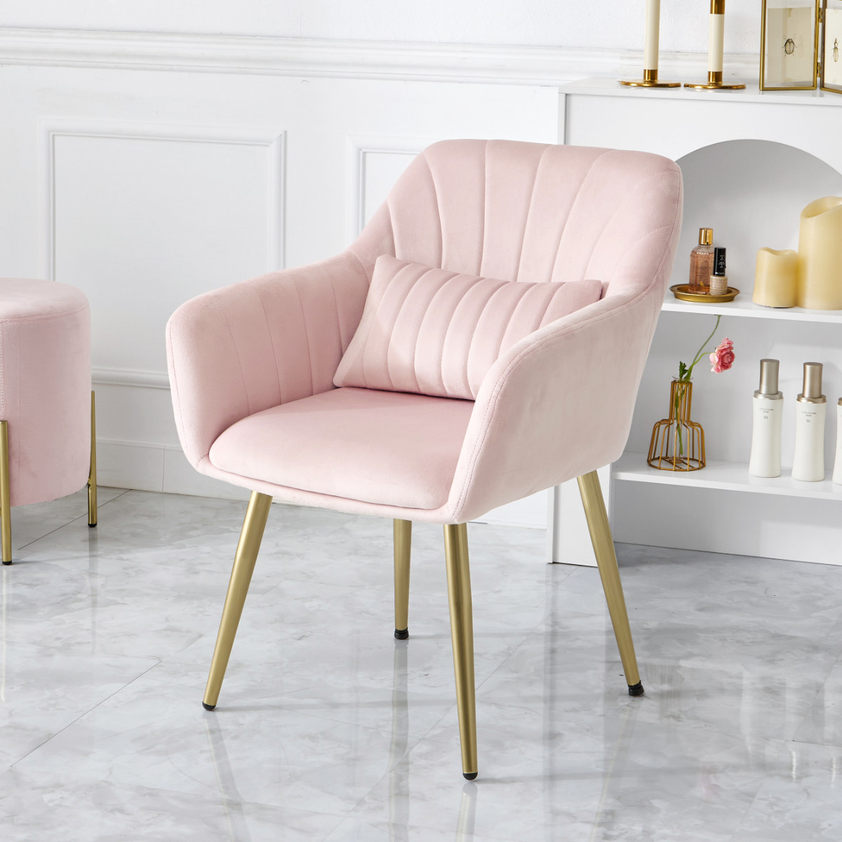 チェア 座面高41cm ベロア クッション付き 姫系 貝殻 シェル 椅子 ( リビングチェア ダイニング イス 食卓椅子 デスクチェア 座面 低い 広い 肘掛け ファブリック チェアー いす 食卓 リビング パーソナルチェア ドレッサー ) 【ライトグレー】 ライトグレー