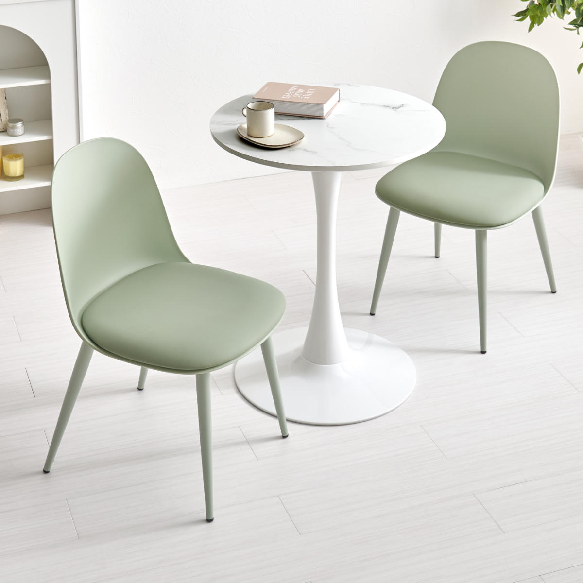 テーブル&チェア 3点セット 幅60cm 座面高42.5cm 円形 石目調 ラウンドテーブル カフェテーブル ( 丸 2人用 2人掛け ダイニングセット コンパクト テーブル 食卓テーブル 椅子 イス ダイニングテーブル ダイニングチェア 1本脚 ) 【マーブルホワイト×グリーン】 マーブルホワイト×グリーン