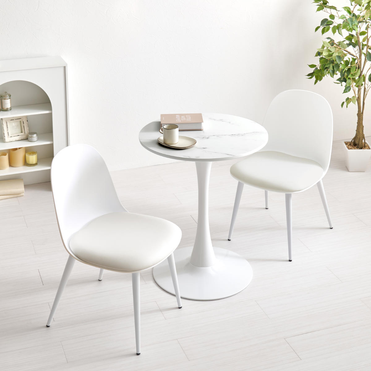 テーブル&チェア 3点セット 幅60cm 座面高42.5cm 円形 石目調 ラウンドテーブル カフェテーブル ( 丸 2人用 2人掛け ダイニングセット コンパクト テーブル 食卓テーブル 椅子 イス ダイニングテーブル ダイニングチェア 1本脚 ) 【マーブルホワイト×グリーン】 マーブルホワイト×グリーン