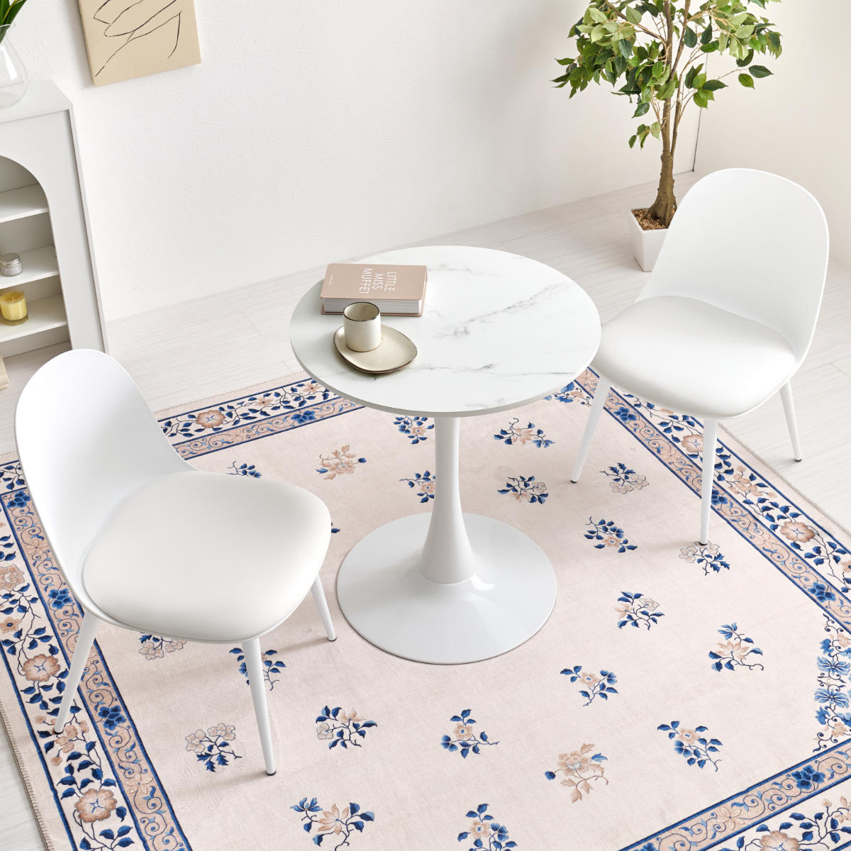 テーブル&チェア 3点セット 幅60cm 座面高42.5cm 円形 石目調 ラウンドテーブル カフェテーブル ( 丸 2人用 2人掛け ダイニングセット コンパクト テーブル 食卓テーブル 椅子 イス ダイニングテーブル ダイニングチェア 1本脚 ) 【マーブルホワイト×グリーン】 マーブルホワイト×グリーン