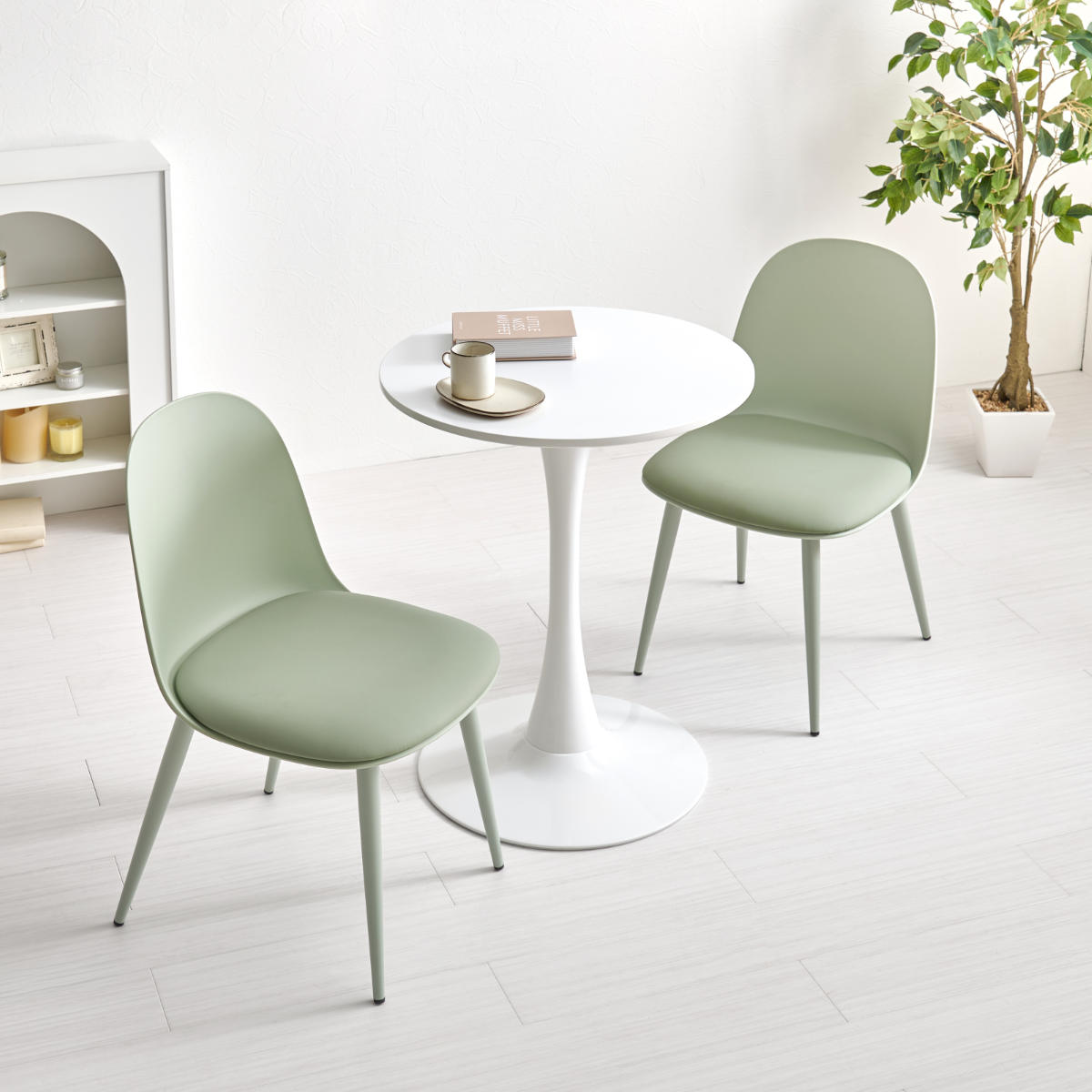 テーブル&チェア 3点セット 幅60cm 座面高42.5cm 円形 石目調 ラウンドテーブル カフェテーブル ( 丸 2人用 2人掛け ダイニングセット コンパクト テーブル 食卓テーブル 椅子 イス ダイニングテーブル ダイニングチェア 1本脚 ) 【マーブルホワイト×グリーン】 マーブルホワイト×グリーン