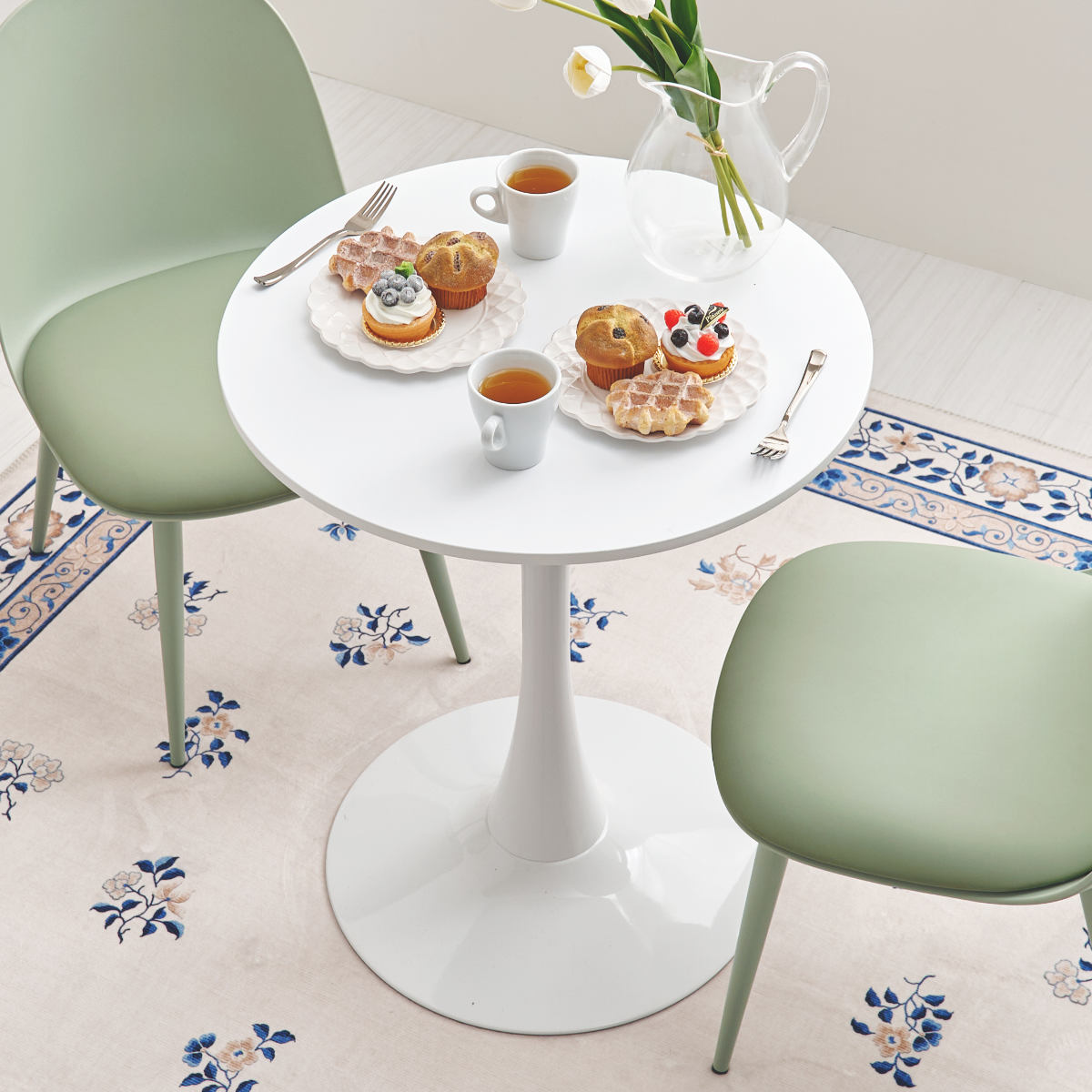 テーブル&チェア 3点セット 幅60cm 座面高42.5cm 円形 石目調 ラウンドテーブル カフェテーブル ( 丸 2人用 2人掛け ダイニングセット コンパクト テーブル 食卓テーブル 椅子 イス ダイニングテーブル ダイニングチェア 1本脚 ) 【マーブルホワイト×グリーン】 マーブルホワイト×グリーン