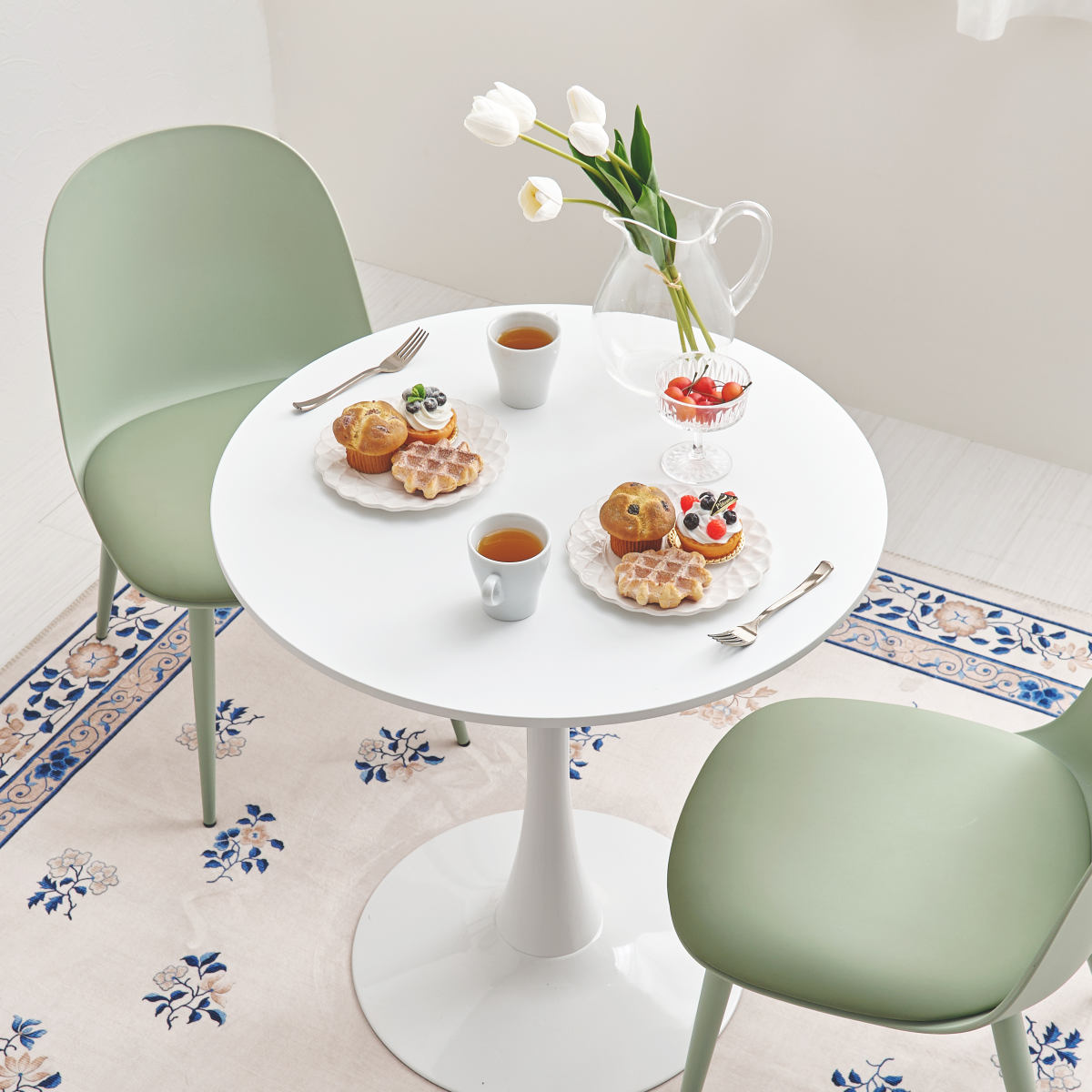 テーブル&チェア 3点セット 幅70cm 座面高42.5cm 円形 石目調 ラウンドテーブル カフェテーブル ( 丸 2人用 2人掛け ダイニングセット コンパクト テーブル 食卓テーブル 椅子 イス ダイニングテーブル ダイニングチェア 1本脚 ) 【マーブルホワイト×ホワイト】 マーブルホワイト×ホワイト