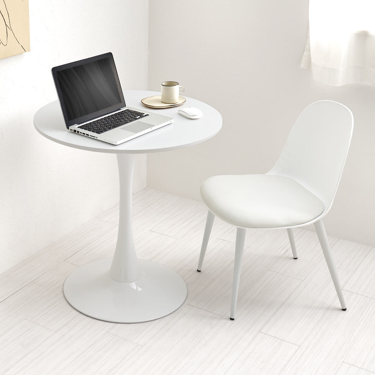 テーブル&チェア 3点セット 幅70cm 座面高42.5cm 円形 石目調 ラウンドテーブル カフェテーブル ( 丸 2人用 2人掛け ダイニングセット コンパクト テーブル 食卓テーブル 椅子 イス ダイニングテーブル ダイニングチェア 1本脚 ) 【マーブルホワイト×ホワイト】 マーブルホワイト×ホワイト