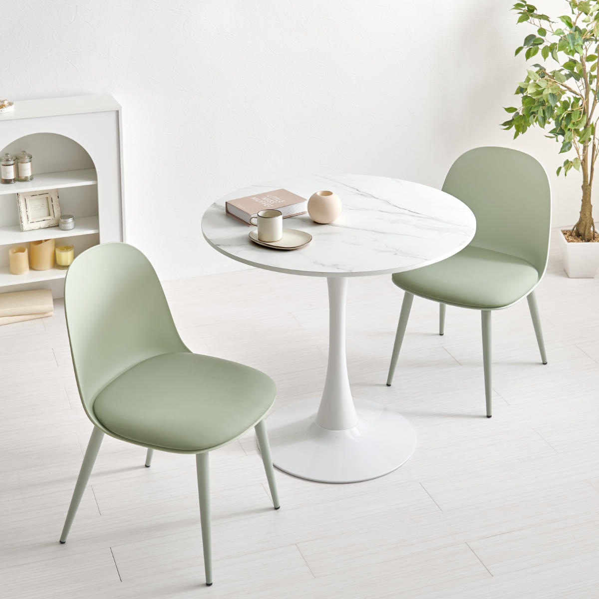 テーブル&チェア 3点セット 幅80cm 座面高42.5cm 円形 石目調 ラウンドテーブル カフェテーブル ( 丸 2人用 2人掛け ダイニングセット コンパクト テーブル 食卓テーブル 椅子 イス ダイニングテーブル ダイニングチェア 1本脚 ) 【マーブルホワイト×ホワイト】 マーブルホワイト×ホワイト