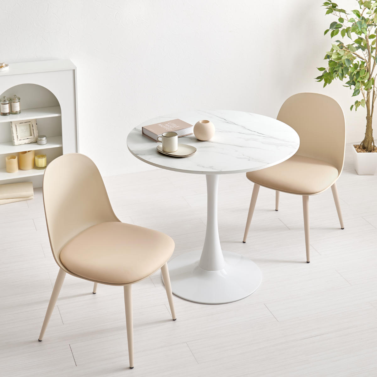 テーブル&チェア 3点セット 幅80cm 座面高42.5cm 円形 石目調 ラウンドテーブル カフェテーブル ( 丸 2人用 2人掛け ダイニングセット コンパクト テーブル 食卓テーブル 椅子 イス ダイニングテーブル ダイニングチェア 1本脚 ) 【マーブルホワイト×ホワイト】 マーブルホワイト×ホワイト
