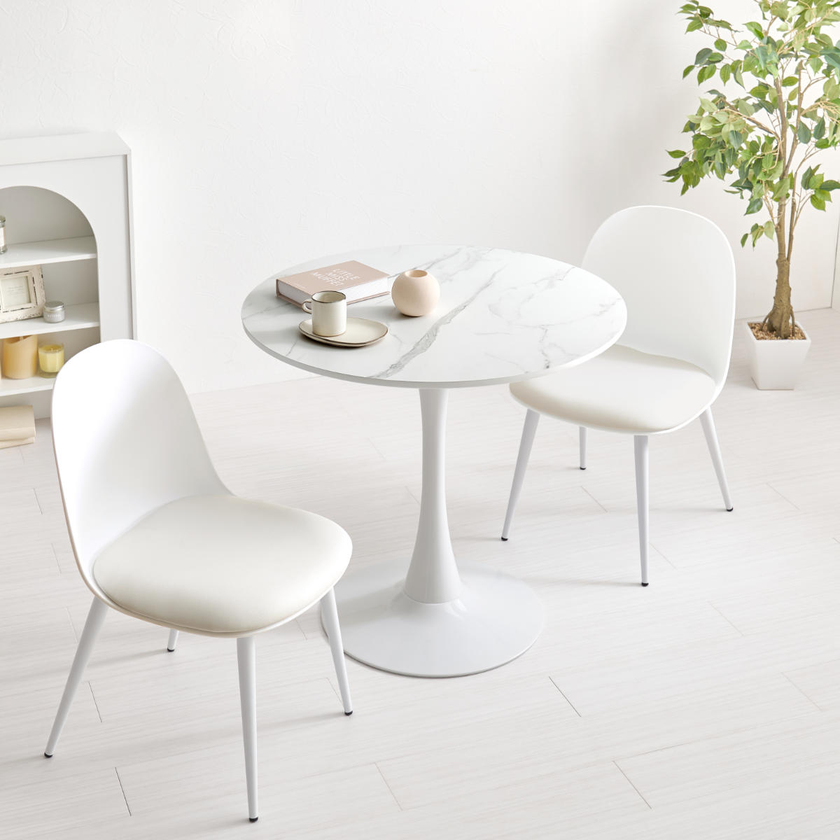 テーブル&チェア 3点セット 幅80cm 座面高42.5cm 円形 石目調 ラウンドテーブル カフェテーブル ( 丸 2人用 2人掛け ダイニングセット コンパクト テーブル 食卓テーブル 椅子 イス ダイニングテーブル ダイニングチェア 1本脚 ) 【マーブルホワイト×ホワイト】 マーブルホワイト×ホワイト