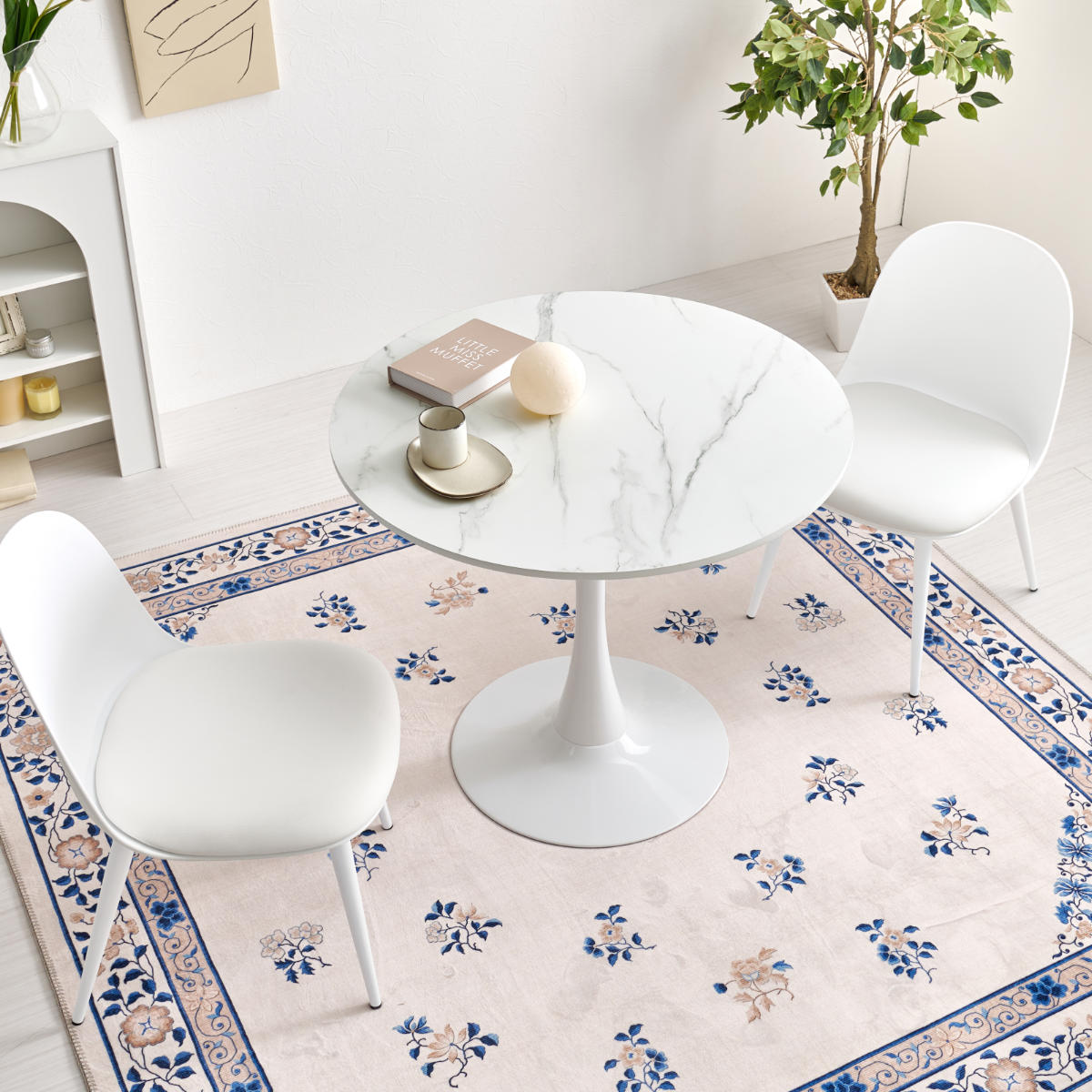 テーブル&チェア 3点セット 幅80cm 座面高42.5cm 円形 石目調 ラウンドテーブル カフェテーブル ( 丸 2人用 2人掛け ダイニングセット コンパクト テーブル 食卓テーブル 椅子 イス ダイニングテーブル ダイニングチェア 1本脚 ) 【マーブルホワイト×ホワイト】 マーブルホワイト×ホワイト