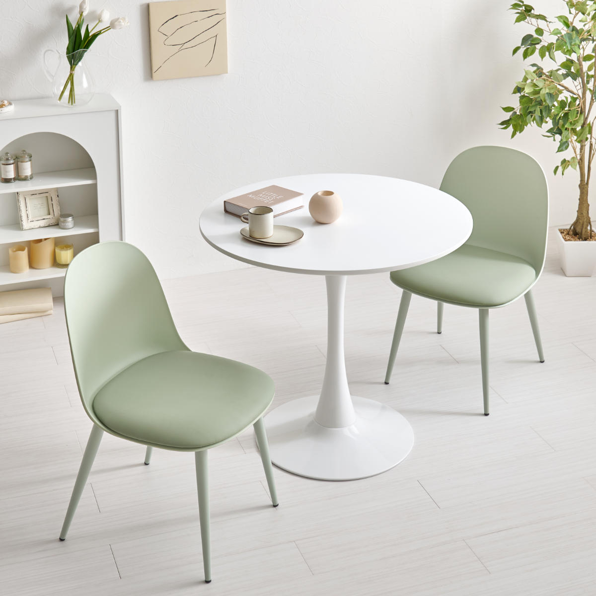 テーブル&チェア 3点セット 幅80cm 座面高42.5cm 円形 石目調 ラウンドテーブル カフェテーブル ( 丸 2人用 2人掛け ダイニングセット コンパクト テーブル 食卓テーブル 椅子 イス ダイニングテーブル ダイニングチェア 1本脚 ) 【マーブルホワイト×ホワイト】 マーブルホワイト×ホワイト