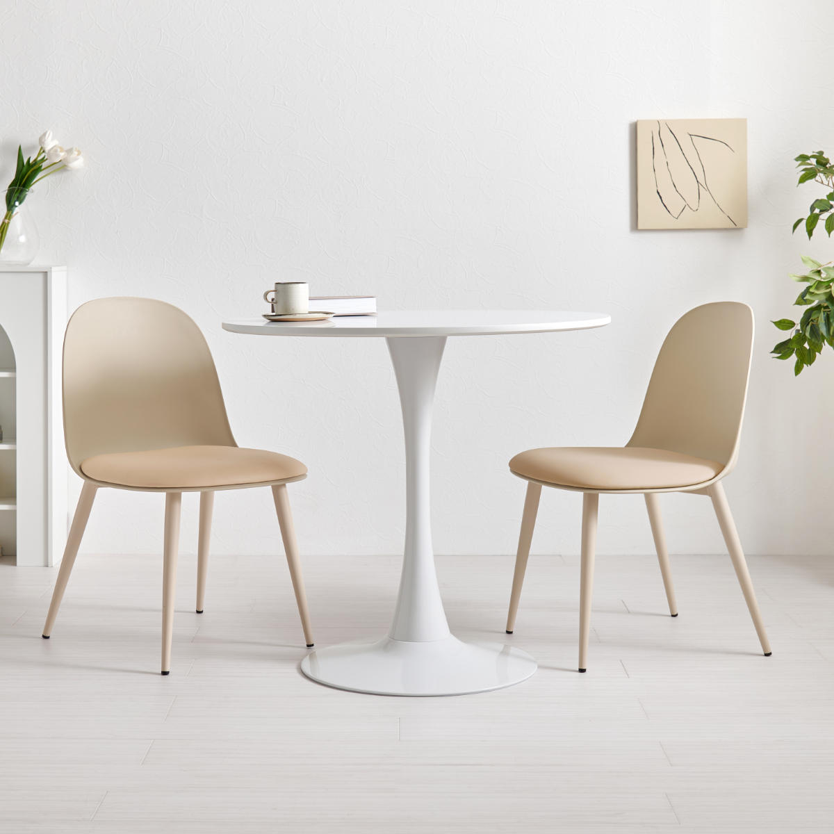 テーブル&チェア 3点セット 幅80cm 座面高42.5cm 円形 石目調 ラウンドテーブル カフェテーブル ( 丸 2人用 2人掛け ダイニングセット コンパクト テーブル 食卓テーブル 椅子 イス ダイニングテーブル ダイニングチェア 1本脚 ) 【マーブルホワイト×ホワイト】 マーブルホワイト×ホワイト