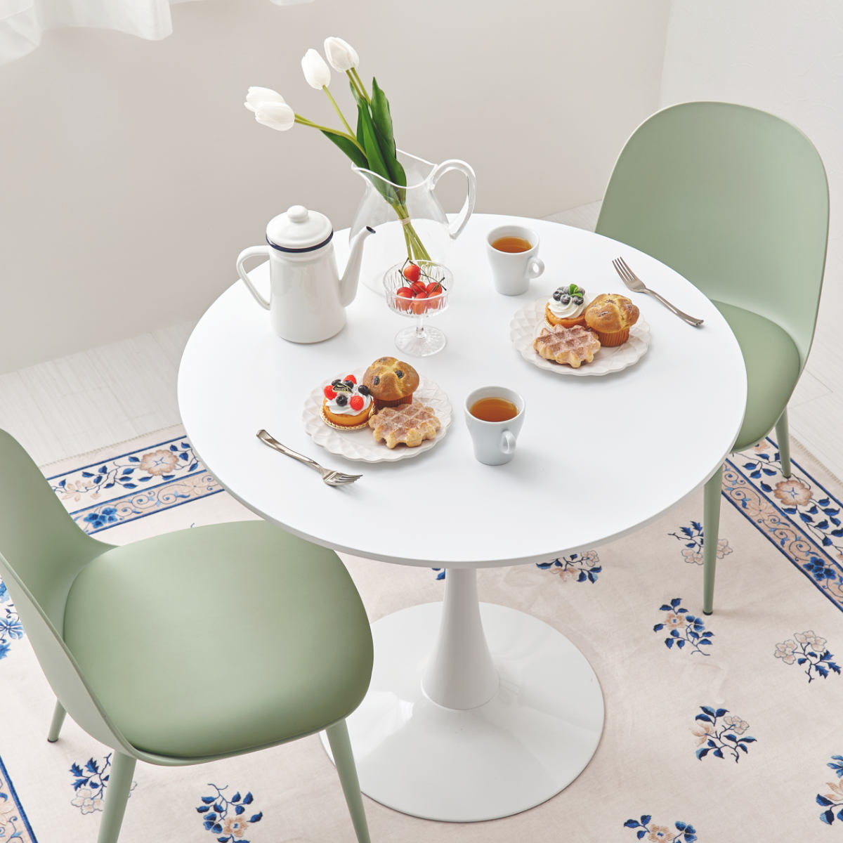 テーブル&チェア 3点セット 幅80cm 座面高42.5cm 円形 石目調 ラウンドテーブル カフェテーブル ( 丸 2人用 2人掛け ダイニングセット コンパクト テーブル 食卓テーブル 椅子 イス ダイニングテーブル ダイニングチェア 1本脚 ) 【マーブルホワイト×ホワイト】 マーブルホワイト×ホワイト