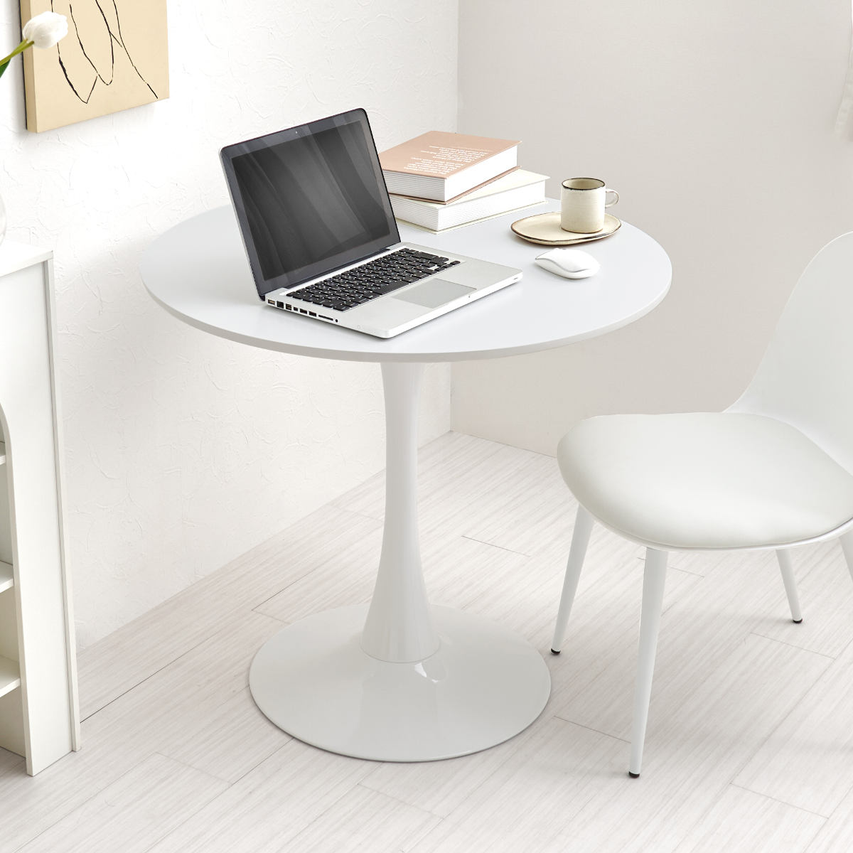 テーブル&チェア 3点セット 幅80cm 座面高42.5cm 円形 石目調 ラウンドテーブル カフェテーブル ( 丸 2人用 2人掛け ダイニングセット コンパクト テーブル 食卓テーブル 椅子 イス ダイニングテーブル ダイニングチェア 1本脚 ) 【マーブルホワイト×ホワイト】 マーブルホワイト×ホワイト