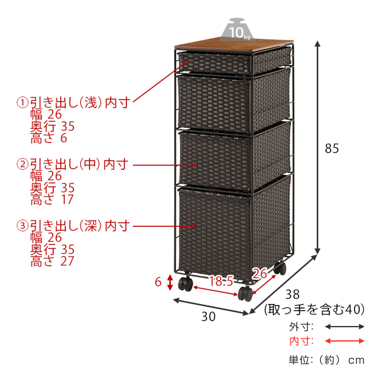 ランドリーチェスト 幅30cm 4段 スリム 引き出し 隙間収納 キャスター付き 木目調天板 スチール ポリエチレン ( チェスト ラタン調 すき間 キャスター 収納 かご 天板 ランドリーラック サニタリーラック ワゴン 樹脂製 編みかご ) 【ダークブラウン】 ダークブラウン