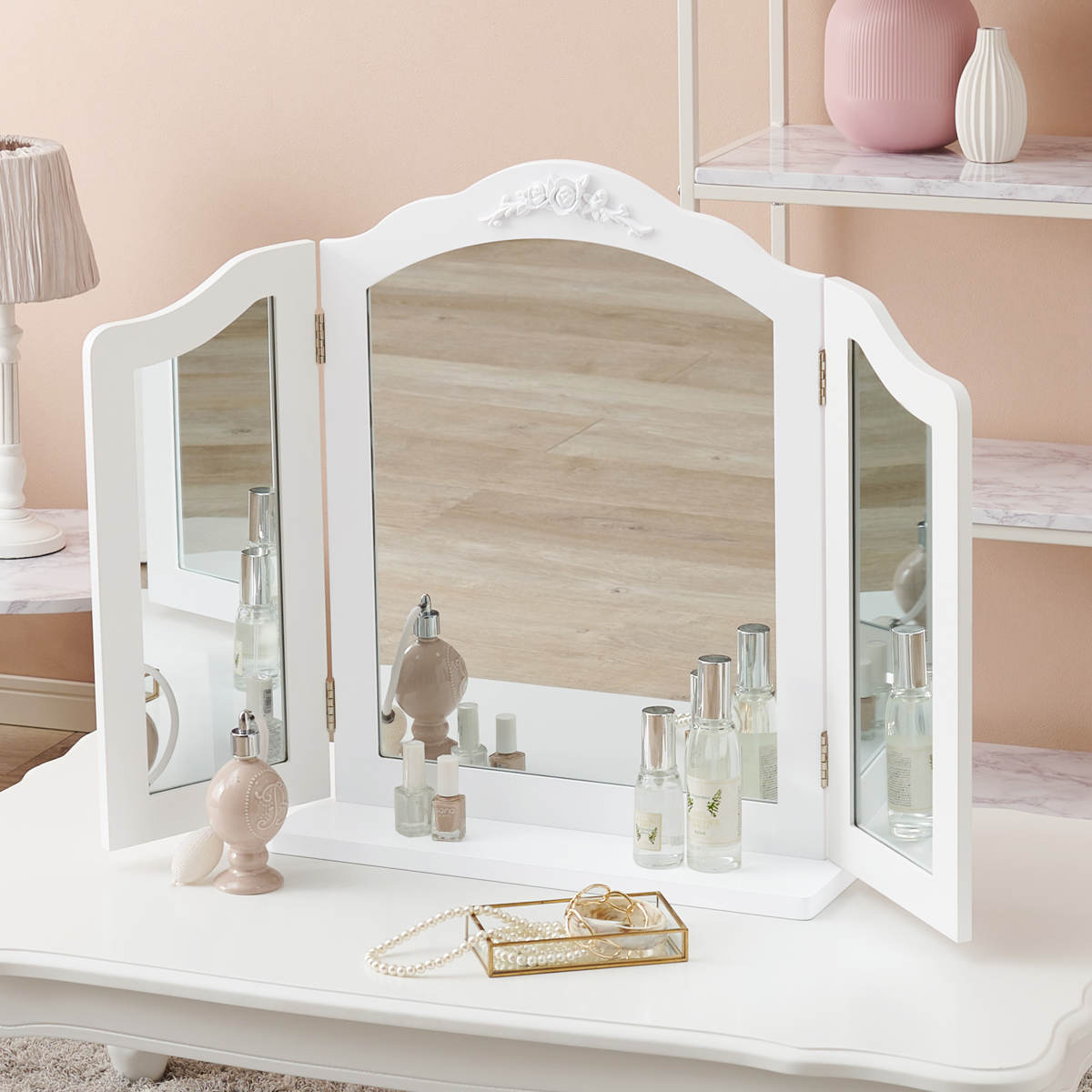 卓上ミラー 三面鏡 おしゃれ 大きめ （ 鏡 ミラー エレガント 白 姫系 ドレッサー 大型 卓上鏡 ホワイトインテリア 滑り止め付 ヘアメイク 大きめサイズ ）