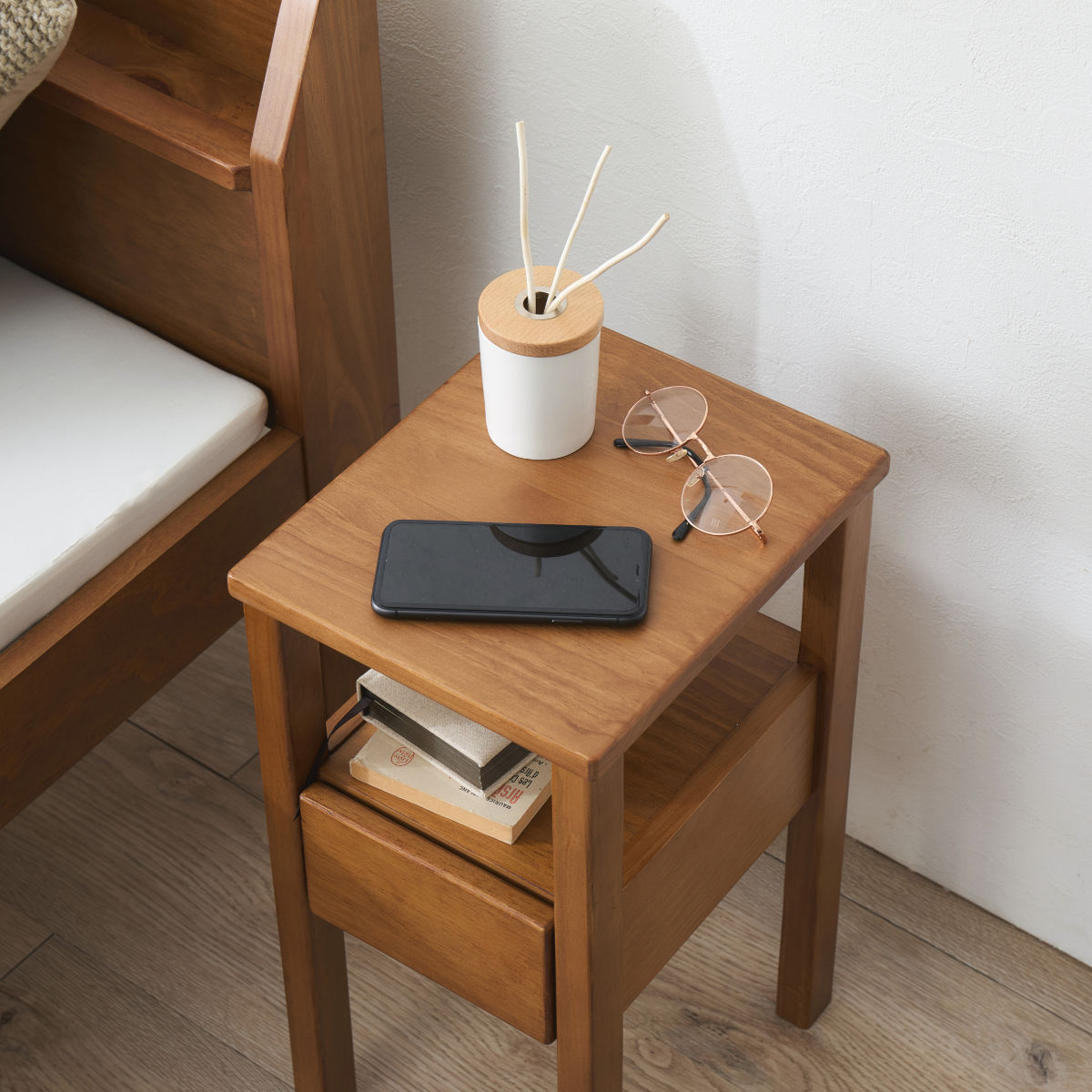 サイドテーブル 幅25cm 引出し付 天然木 完成品 ( ソファサイドテーブル 木製 オープン棚 引き出し 収納 テーブル ソファサイド ベッドサイド スチール ソファテーブル コンパクト ミニテーブル おしゃれ ナイトテーブル ) 【ダークブラウン】 ダークブラウン