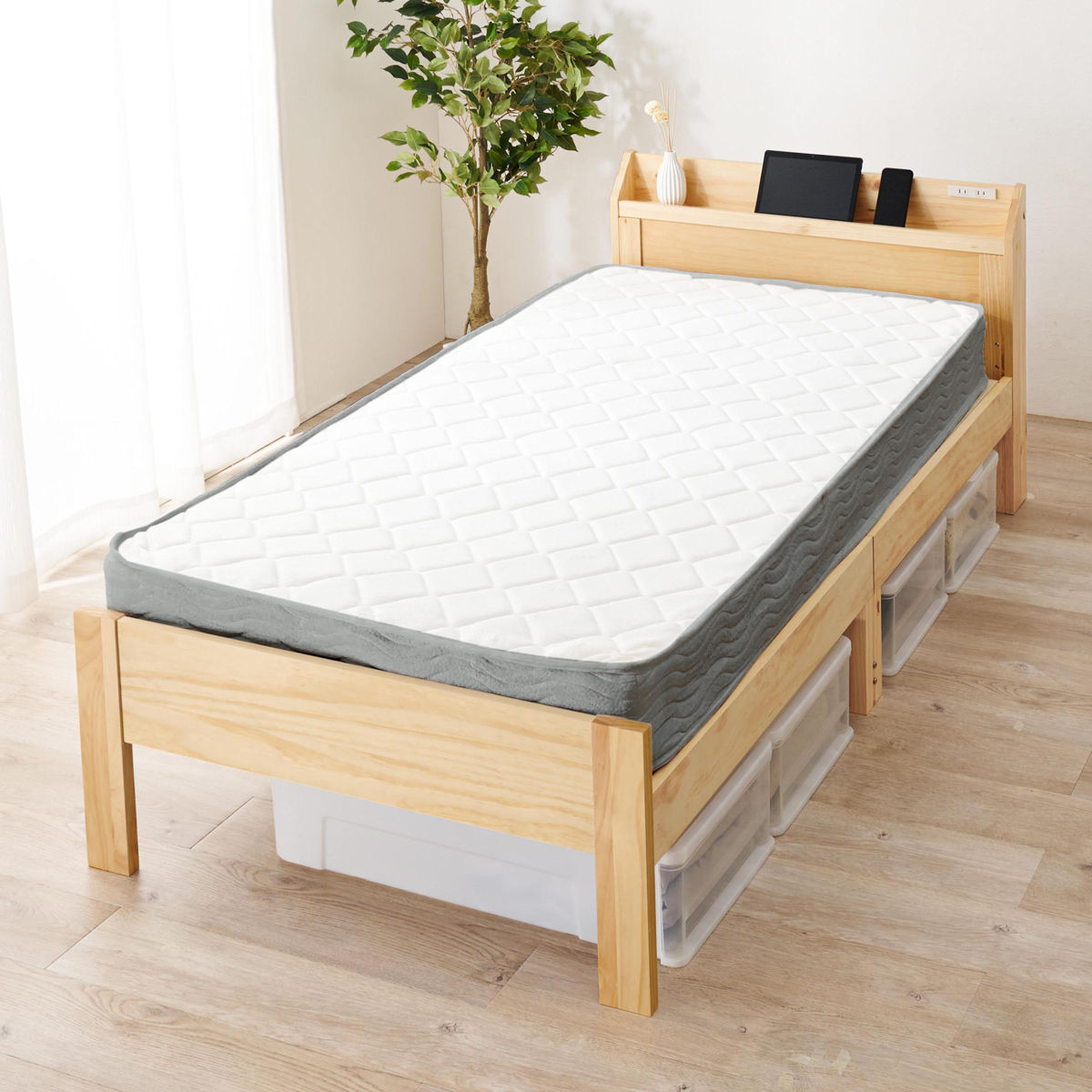 マットレス付きベッド シングル ボンネルコイルマットレス 宮棚 2口コンセント付 ( マットレス付 すのこ 圧縮梱包 耐荷重350kg ボンネルコイル 厚さ14.5cm 棚付き ダークブラウン ライトブラウン ナチュラル ) 【ダークブラウン】 ダークブラウン