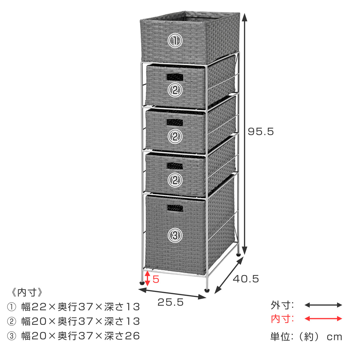 ランドリーチェスト 引出し4杯 幅25.5cm かご付 スチール ポリエチレン ( ラタン調 ランドリー チェスト ラック 防水 アジアン 収納 かご 完成品 ラタン風 洗濯 ランドリーラック 撥水 収納ラック すき間収納 キッチンラック ) 【グレー】 グレー