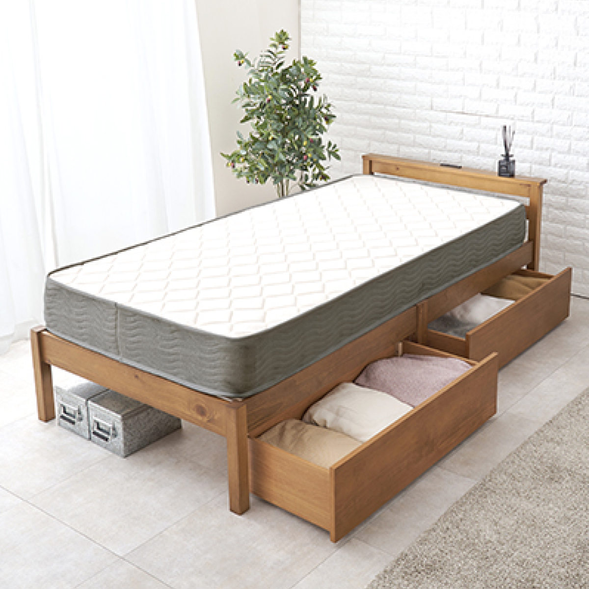3分組立ベッド シングル ポケットコイルマットレス付 引出し収納 宮棚 2口コンセント ( ベッド 3分組み立て 組み立て簡単 圧縮梱包 収納付き 工具不要 マットレスセット 耐荷重200kg ライトブラウン ナチュラル ウォッシュホワイト ) 【ナチュラル】 ナチュラル
