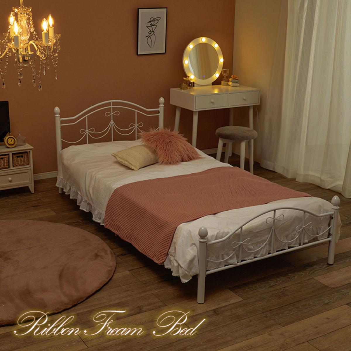 ベッド シングル ボンネルコイルマットレス付 姫系 白家具 ( マットレス付 2段階高さ調節 メッシュ床板 圧縮梱包 ボンネルコイル 厚さ14.5cm 棚付き ホワイト プリンセス リボン 装飾 )