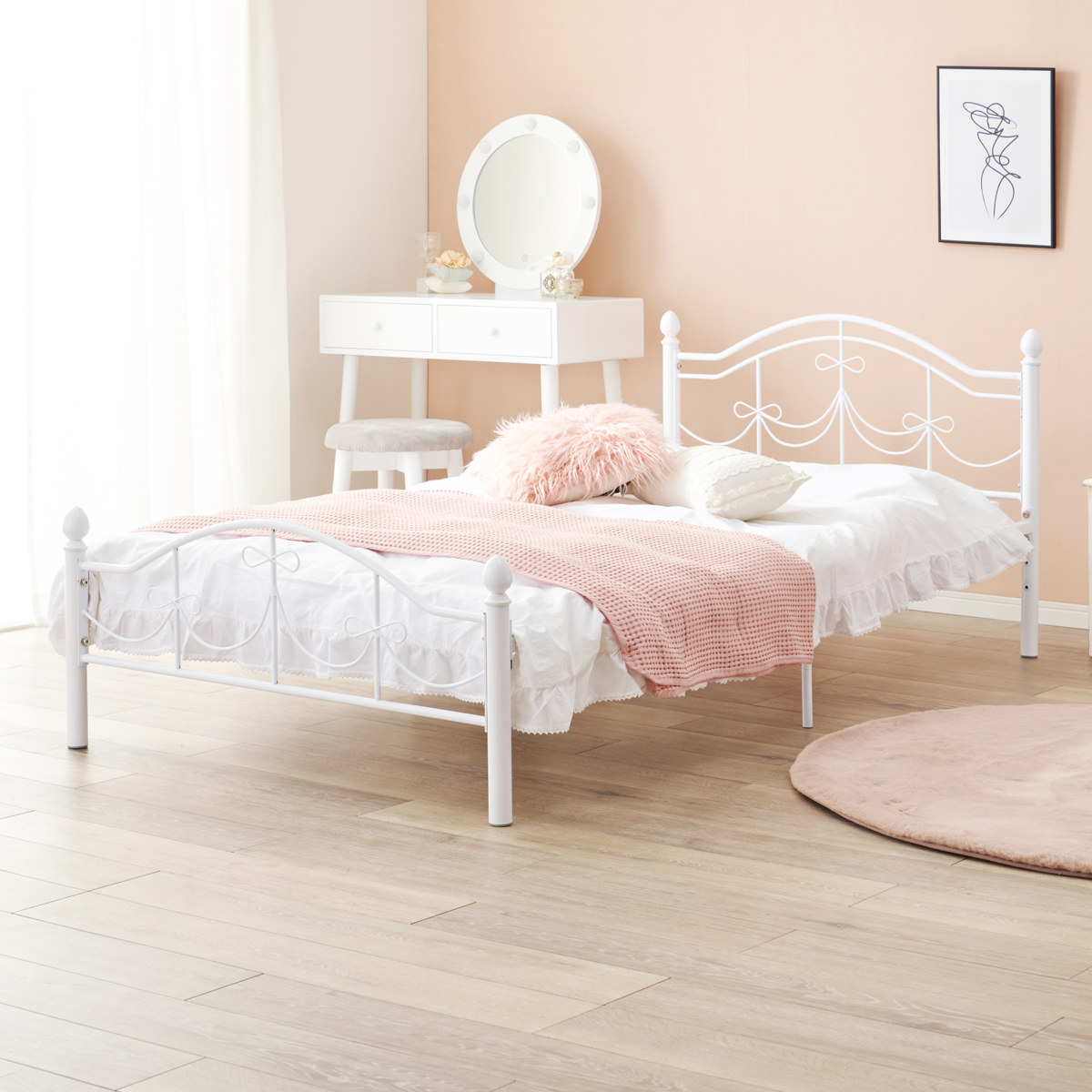 ベッド シングル ボンネルコイルマットレス付 姫系 白家具 ( マットレス付 2段階高さ調節 メッシュ床板 圧縮梱包 ボンネルコイル 厚さ14.5cm 棚付き ホワイト プリンセス リボン 装飾 )