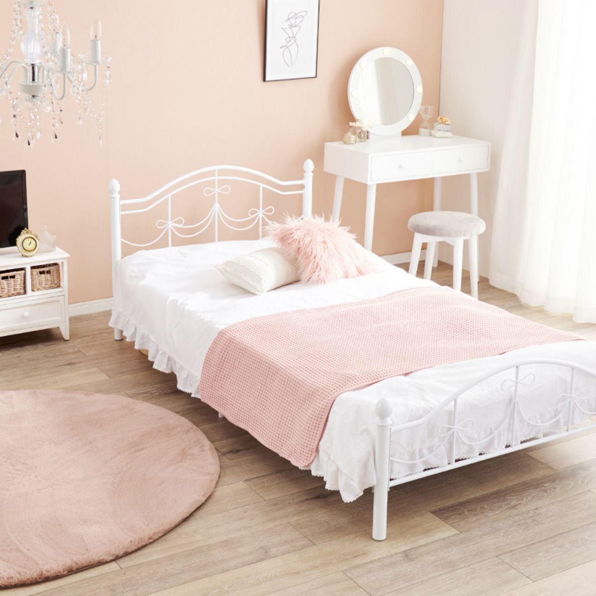 ベッド シングル ボンネルコイルマットレス付 姫系 白家具 ( マットレス付 2段階高さ調節 メッシュ床板 圧縮梱包 ボンネルコイル 厚さ14.5cm 棚付き ホワイト プリンセス リボン 装飾 )