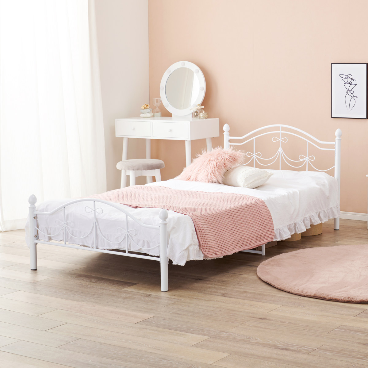 ベッド シングル ポケットコイルマットレス付 姫系 白家具 ( マットレス付 2段階高さ調節 メッシュ床板 圧縮梱包 ポケットコイル 厚さ20cm 棚付き ホワイト プリンセス リボン 装飾 )