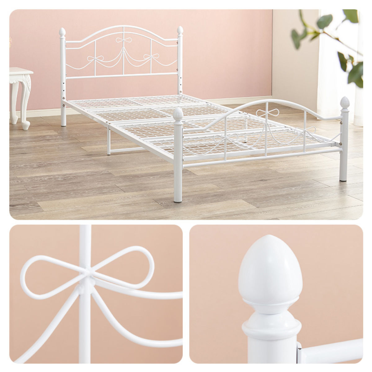 ベッド シングル ポケットコイルマットレス付 姫系 白家具 ( マットレス付 2段階高さ調節 メッシュ床板 圧縮梱包 ポケットコイル 厚さ20cm 棚付き ホワイト プリンセス リボン 装飾 )