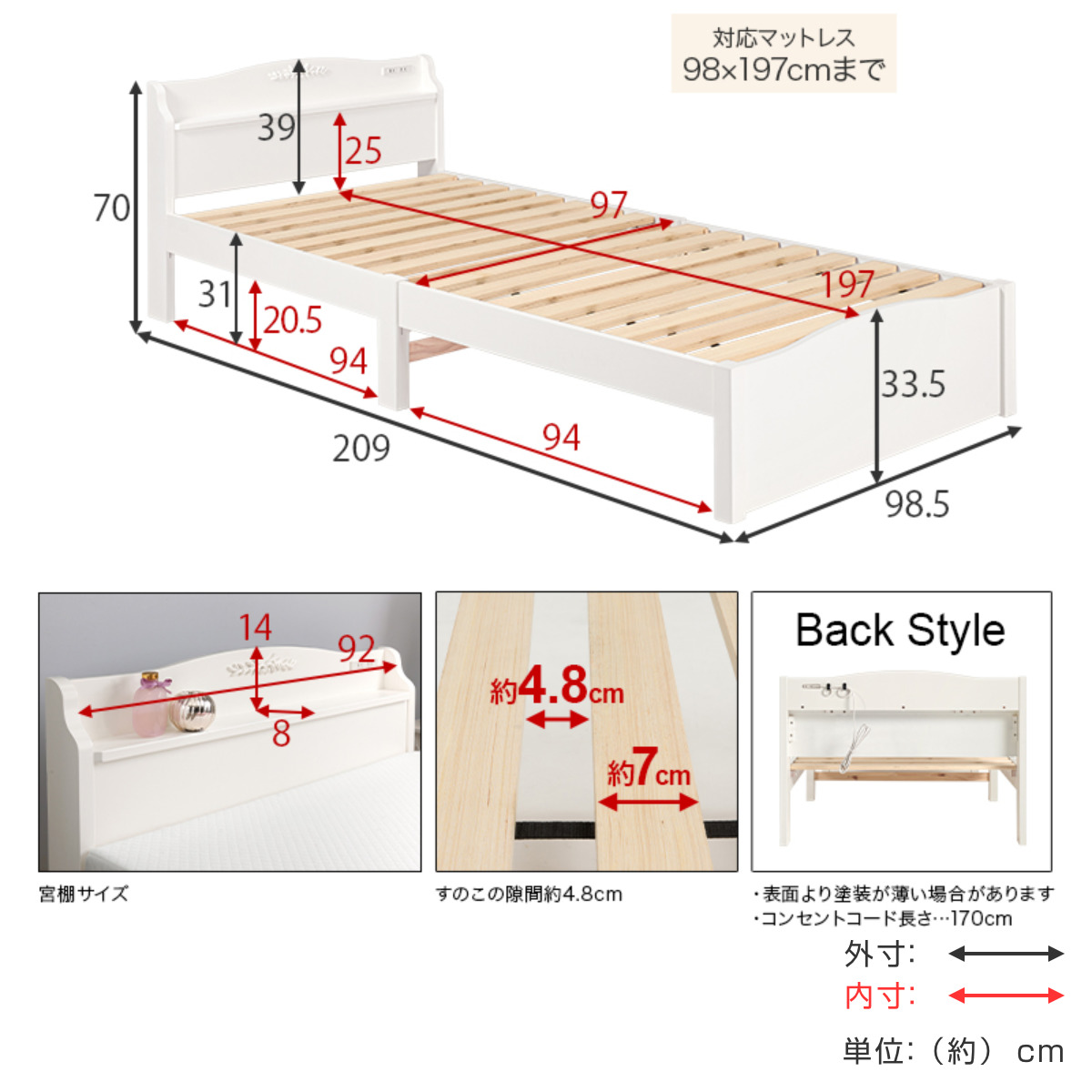 姫系ベッド 3分組立 シングル ポケットコイルマットレス付 宮棚 2口コンセント付 ( ベッド 3分組み立て 組み立て簡単 圧縮梱包 工具不要 マットレスセット 耐荷重200kg 姫系 ホワイト アンティーク調 )