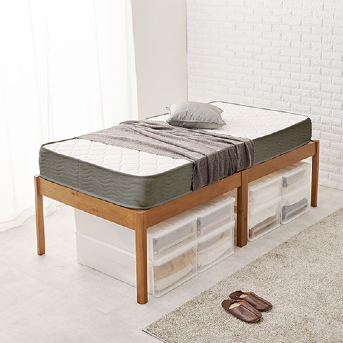 3分組立ベッド シングル ハイタイプ ボンネルコイルマットレス付 ロールすのこ ( ベッド 3分組み立て 組み立て簡単 圧縮梱包 工具不要 マットレスセット 耐荷重200kg ライトブラウン ナチュラル ウォッシュホワイト ) 【ライトブラウン】 ライトブラウン