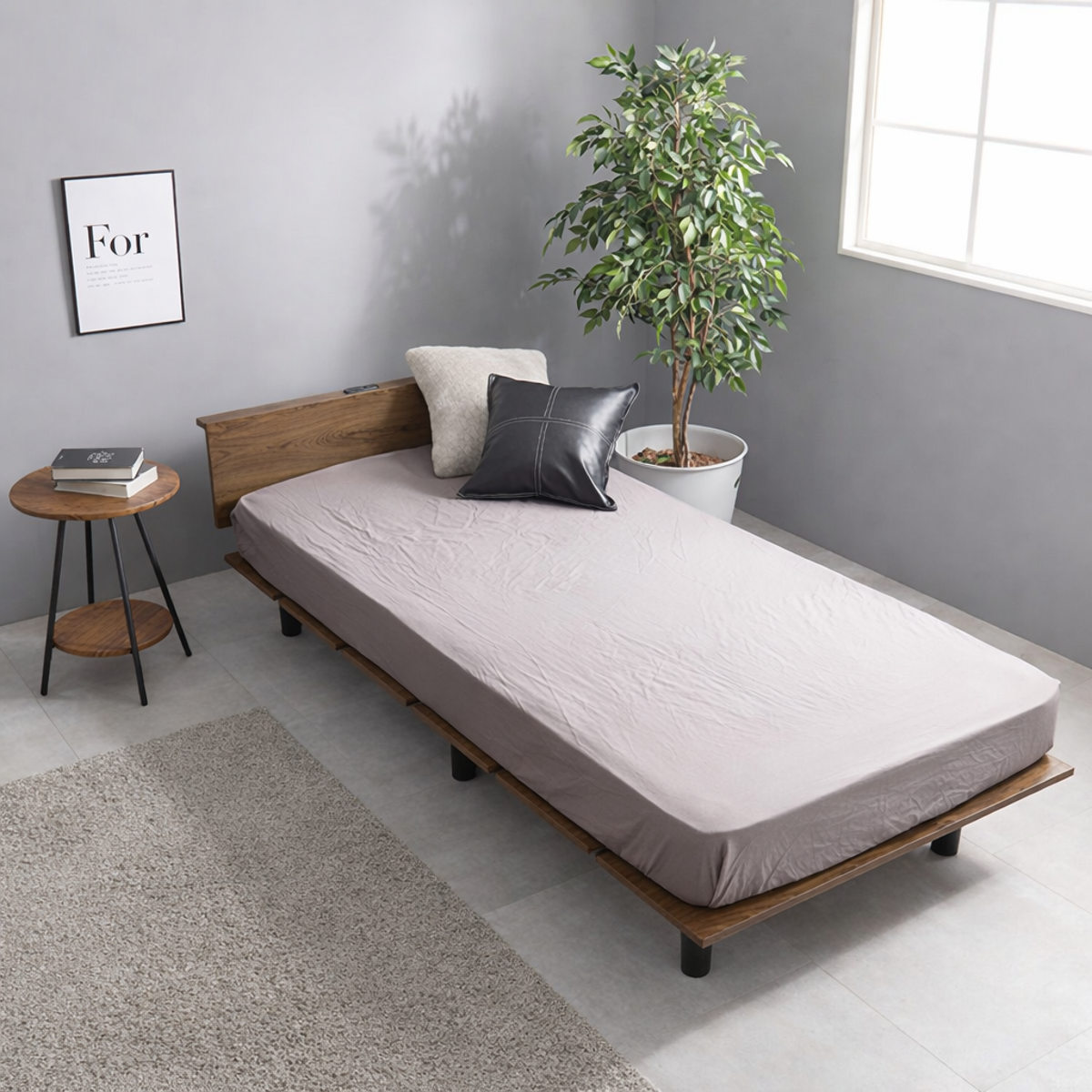 ステージ風ベッド シングル ボンネルコイルマットレス付 ロースタイル 2口コンセント付 ( ベッド マットレス付 ステージ風 通気性 圧縮梱包 ボンネルコイル 耐荷重200kg コンセント付き ブラウン ナチュラル ) 【ナチュラル】 ナチュラル