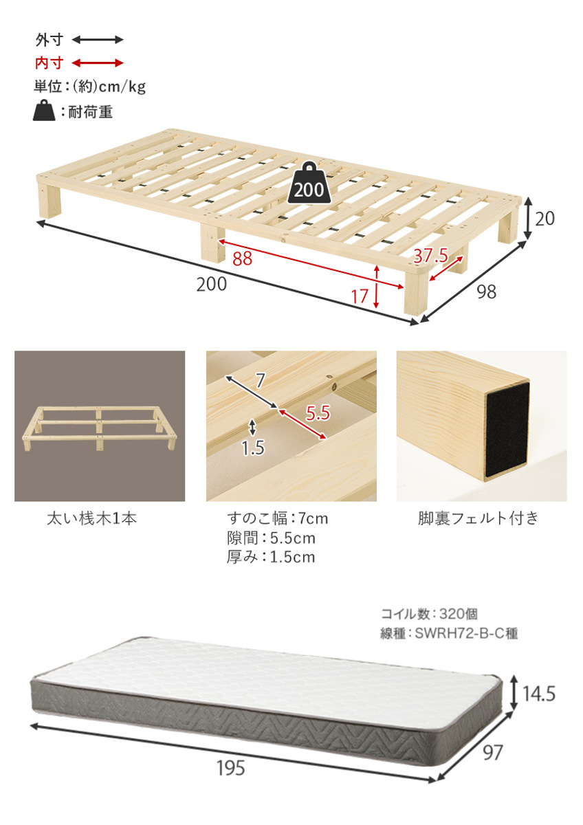 すのこベッド シングル 天然木 マットレス付き お掃除ロボット対応 ( ベッド 木製 通気性 すのこ マットレスセット 圧縮梱包 ボンネルコイル 耐荷重200kg 厚さ14.5cm ノンホルマリン パイン材 無塗装 高耐荷重 )