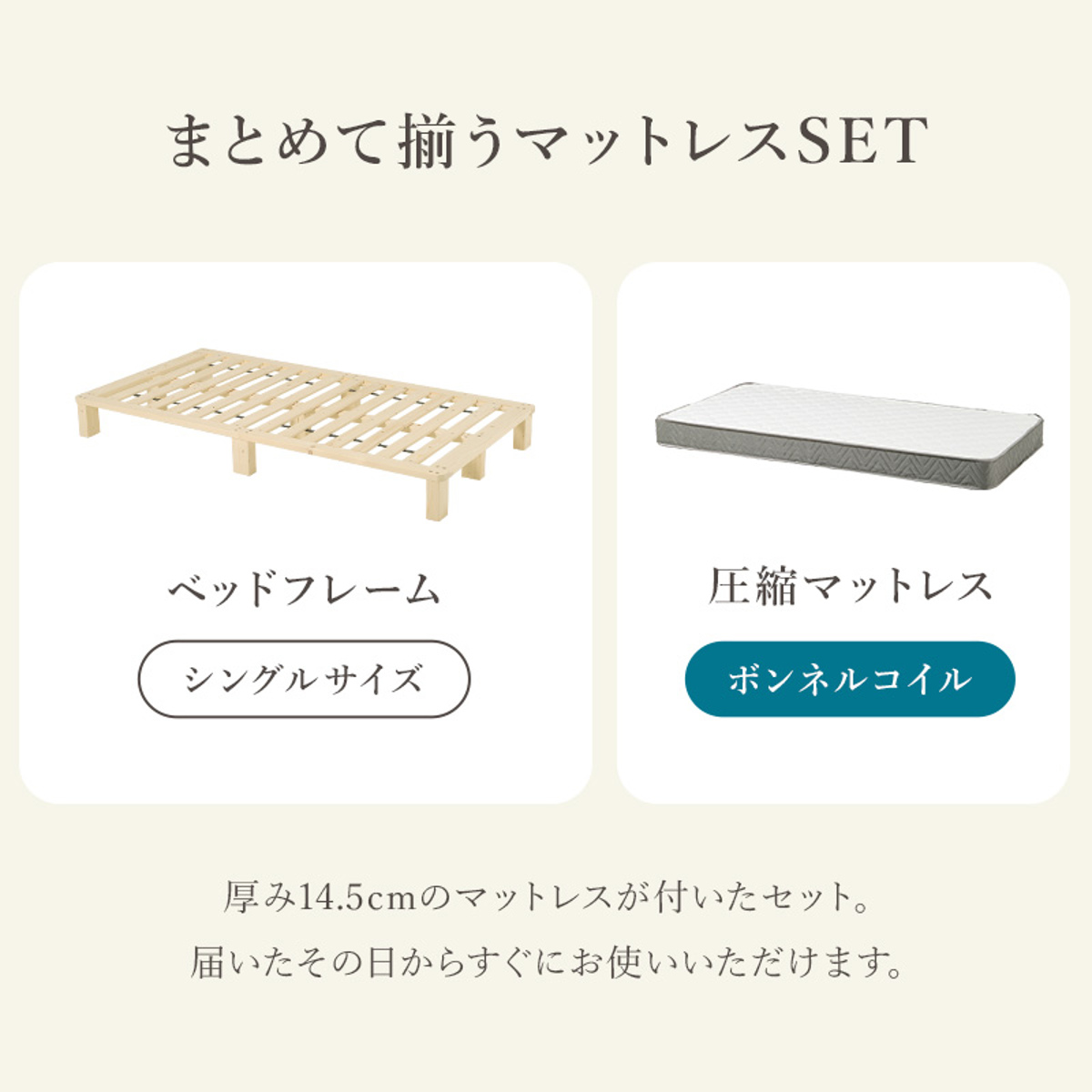 すのこベッド シングル 天然木 マットレス付き お掃除ロボット対応 ( ベッド 木製 通気性 すのこ マットレスセット 圧縮梱包 ボンネルコイル 耐荷重200kg 厚さ14.5cm ノンホルマリン パイン材 無塗装 高耐荷重 )