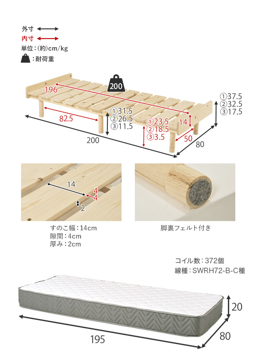 すのこベッド セミシングル 天然木 ポケットコイルマットレス付き 高さ調節 ( ベッド 木製 通気性 すのこ マットレスセット 圧縮梱包 ポケットコイル 耐荷重200kg 厚さ20cm パイン材 無塗装 高耐荷重 )
