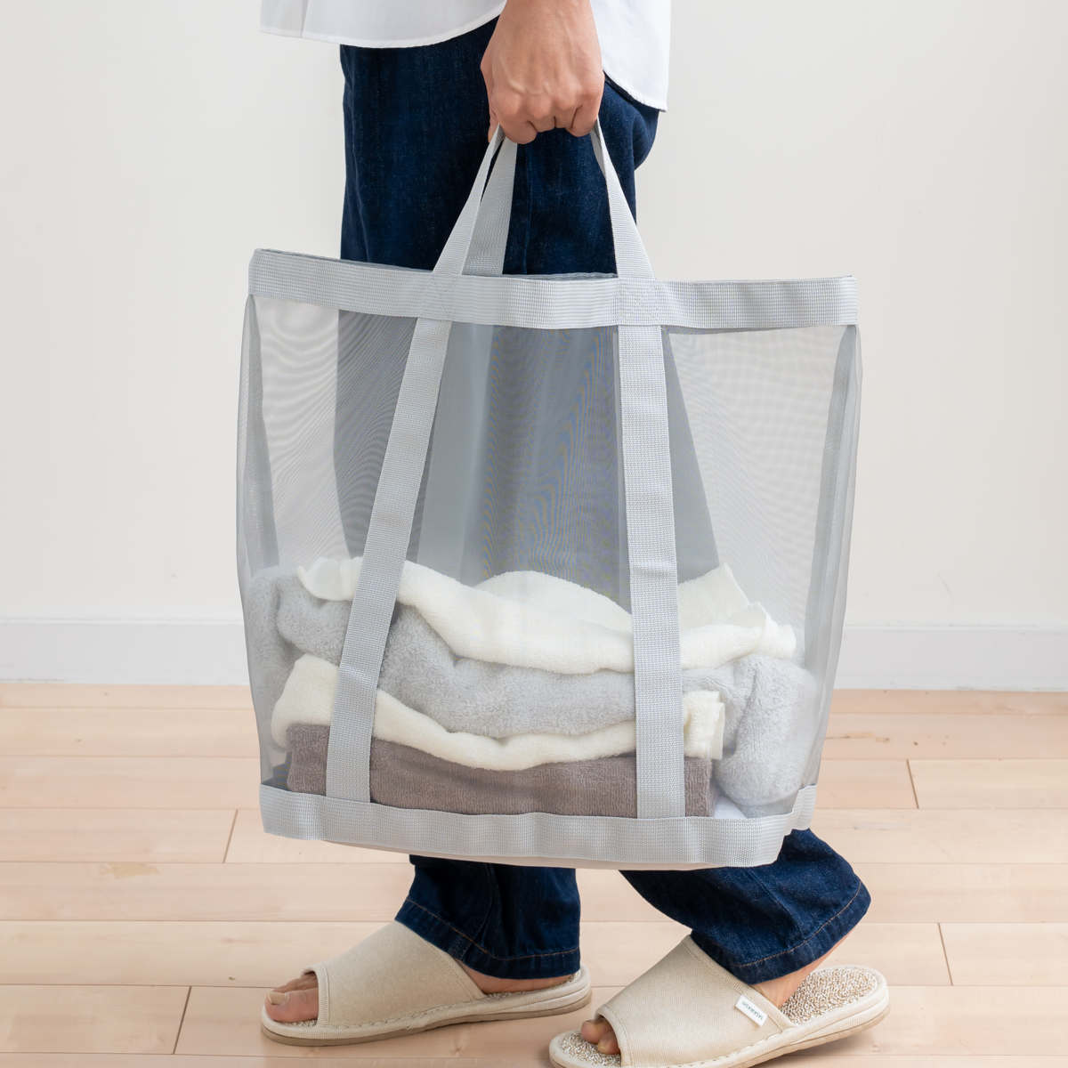 ランドリーバッグ さらっとメッシュランドリーバッグ 40×56cm ( ランドリー バッグ コインランドリー用 メッシュ生地 軽量 トートバッグ ランドリー収納 自立 通気性 洗濯物入れ 吊り下げ 持ち手付き )