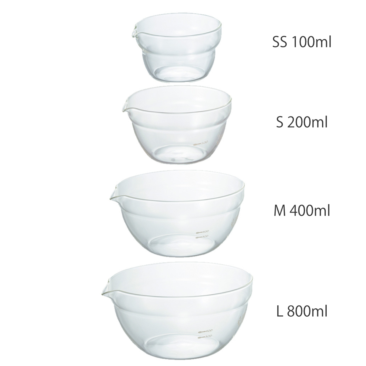 HARIO ハリオ ボウル 片口ボール 4個セット ( ボール 耐熱ボウル 耐熱ガラス 調理ボウル 電子レンジ対応 食洗機対応 100ml 200ml 400ml 800ml 注ぎ口 レンジOK ミニボウル キッチンボウル 調理用ボウル 下ごしらえ 製菓道具 )