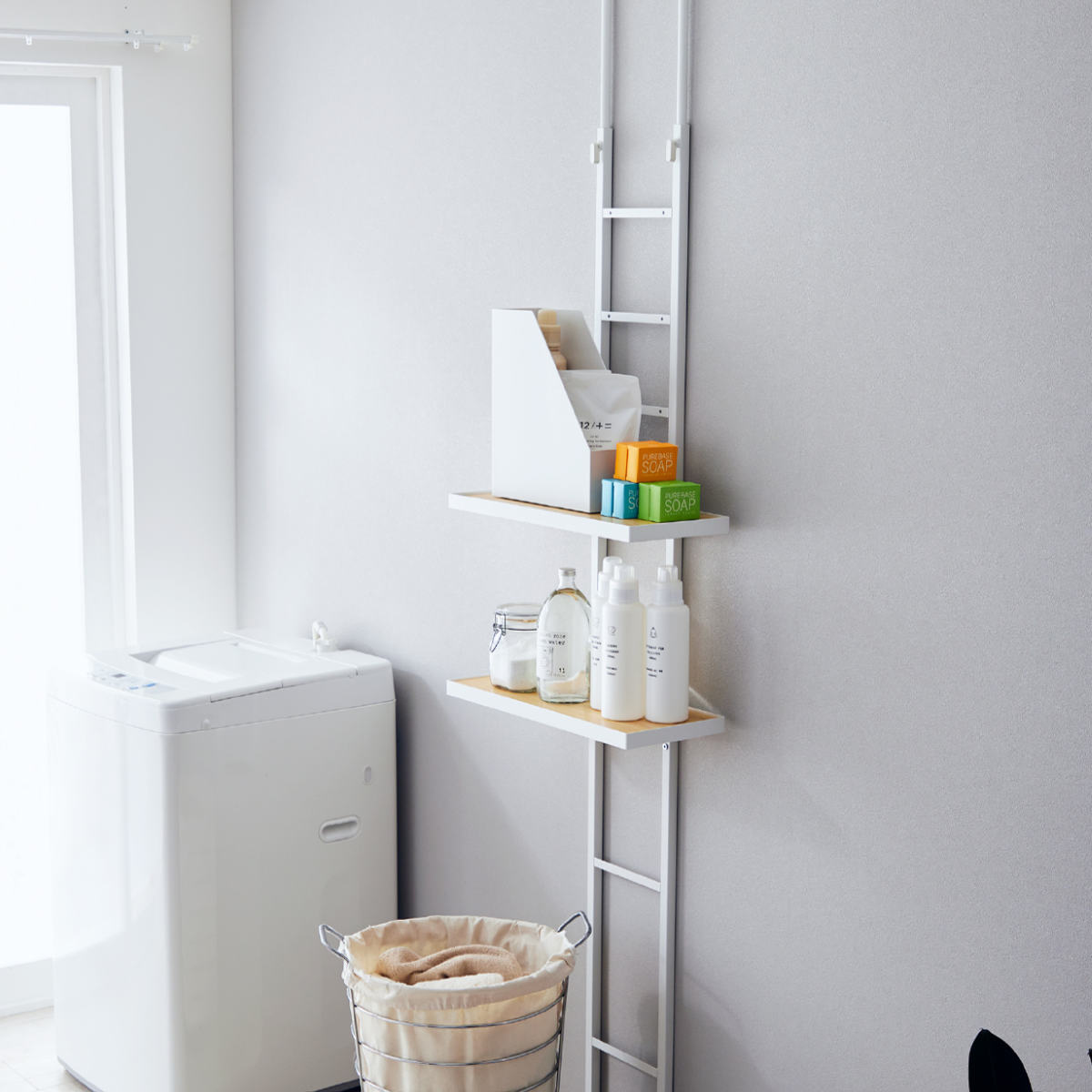 突っ張り スリムラック 2段 防水パン対応 幅50cm ( 突っ張りラック ランドリーラック ラック 収納 壁面収納 つっぱり 棚 洗濯機ラック ランドリー収納 洗濯機上 洗濯機横 スリム 洗面所 )