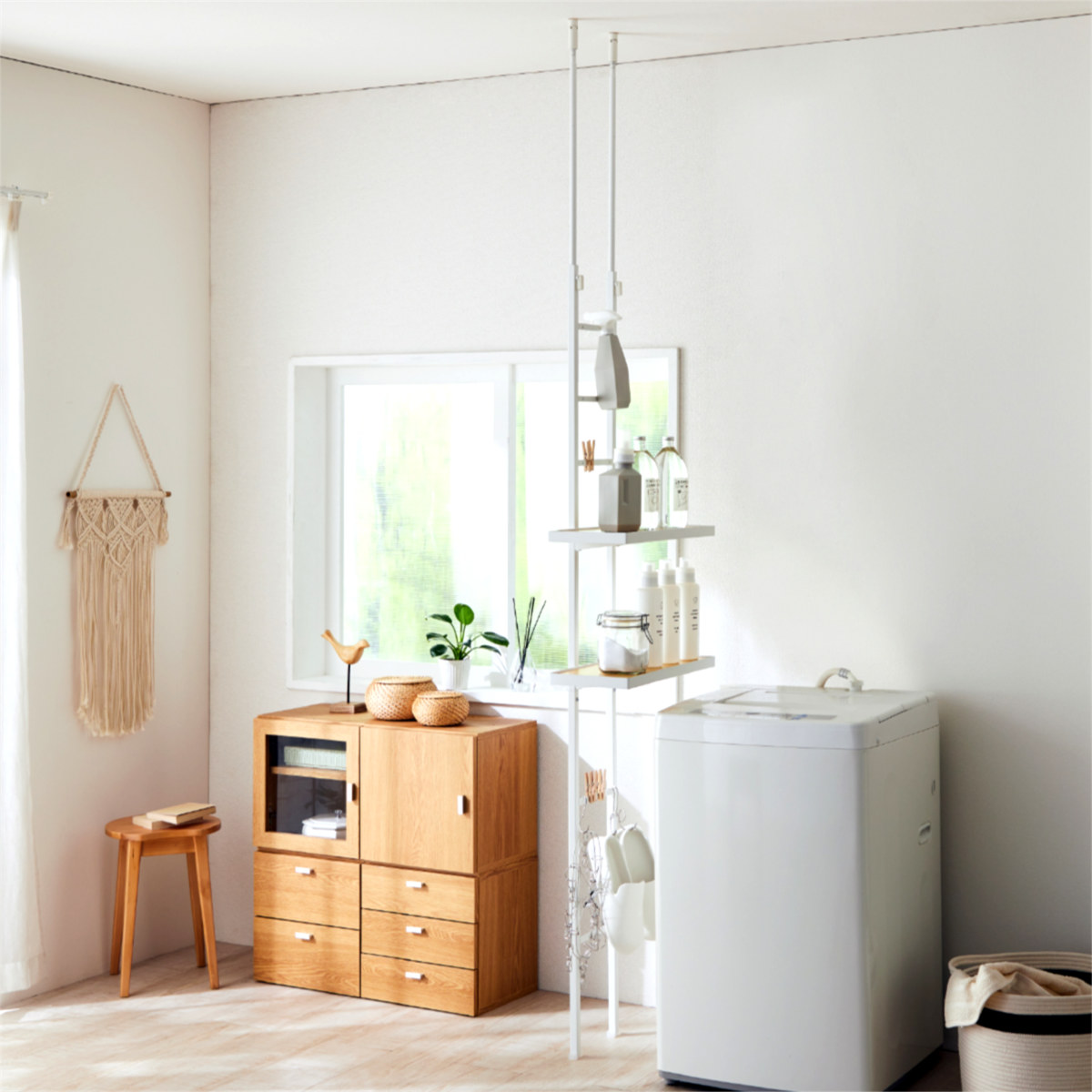 突っ張り スリムラック 2段 防水パン対応 幅50cm ( 突っ張りラック ランドリーラック ラック 収納 壁面収納 つっぱり 棚 洗濯機ラック ランドリー収納 洗濯機上 洗濯機横 スリム 洗面所 )