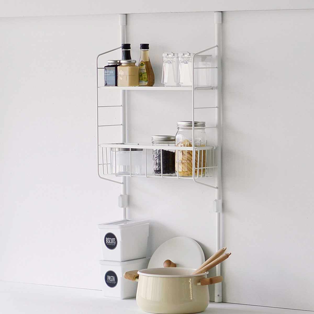 突っ張りラック SPLUCE キッチン つっぱりラック バスケットセット ( 突っ張り式収納 突っ張り棚 キッチンラック 水切り かご スリム 収納 ラック 収納棚 スパイスラック 調味料ラック 壁面収納 キッチン収納 おしゃれ )