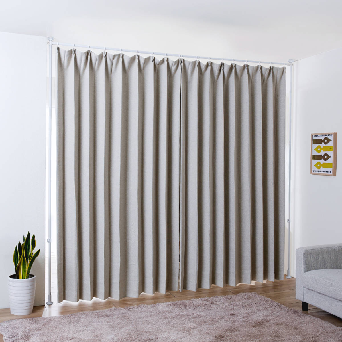 突っ張り カーテン間仕切り ワイド 幅180-287cm 工具不要 ( つっぱり カーテン カーテンポール 間仕切り 目隠し 伸縮 簡単設置 リング付き 突っ張り式 つっぱり式 パーテーション パーティション 簡単組立 カーテンリング )