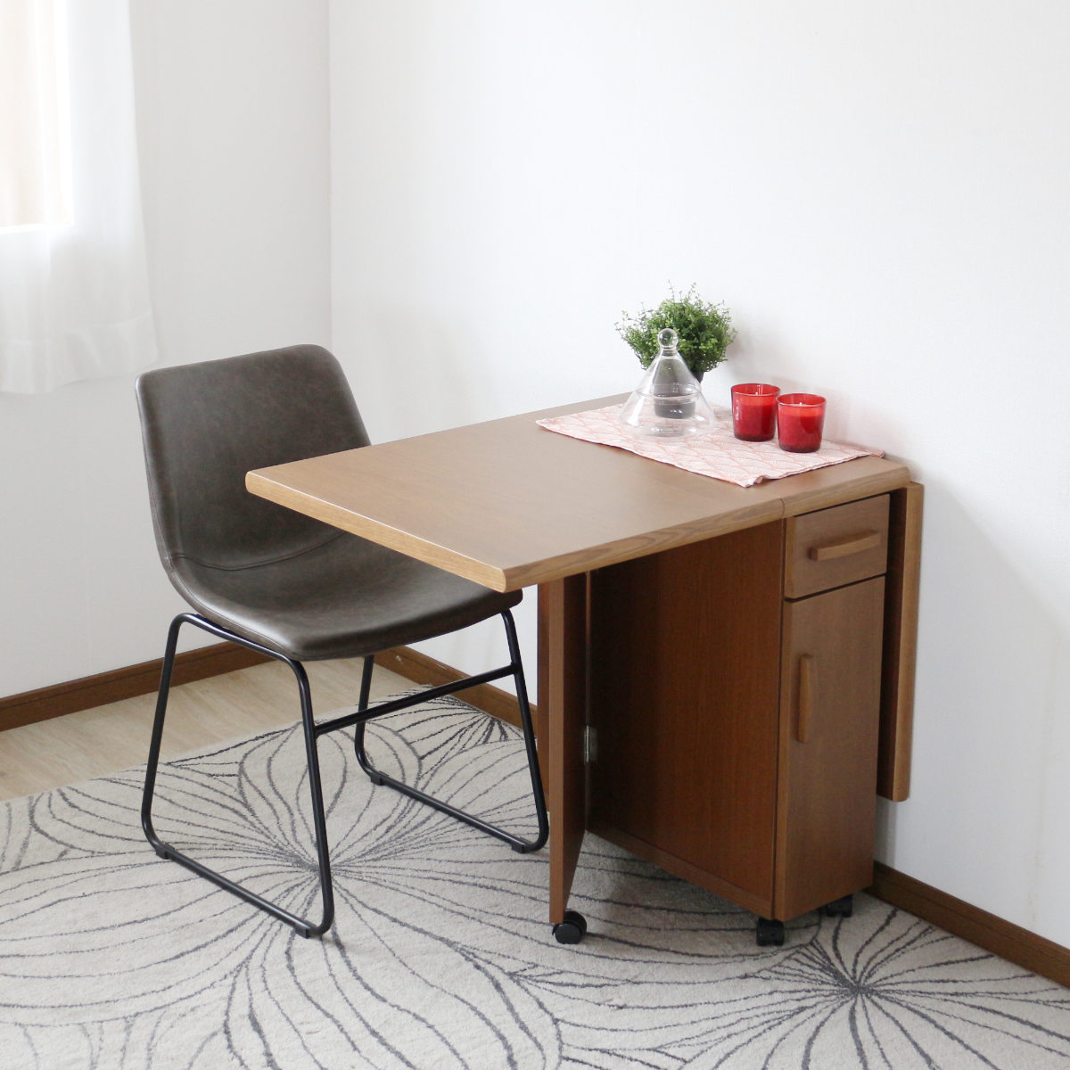 ダイニングテーブル 2人用 折りたたみ 幅32~125cm バタフライ 引出し付 ( テーブル 食卓テーブル キャスター付き 収納 引き出し 木製 コンパクト 天板 伸長 折り畳み ダイニング 食卓 おしゃれ 省スペース 伸縮テーブル )