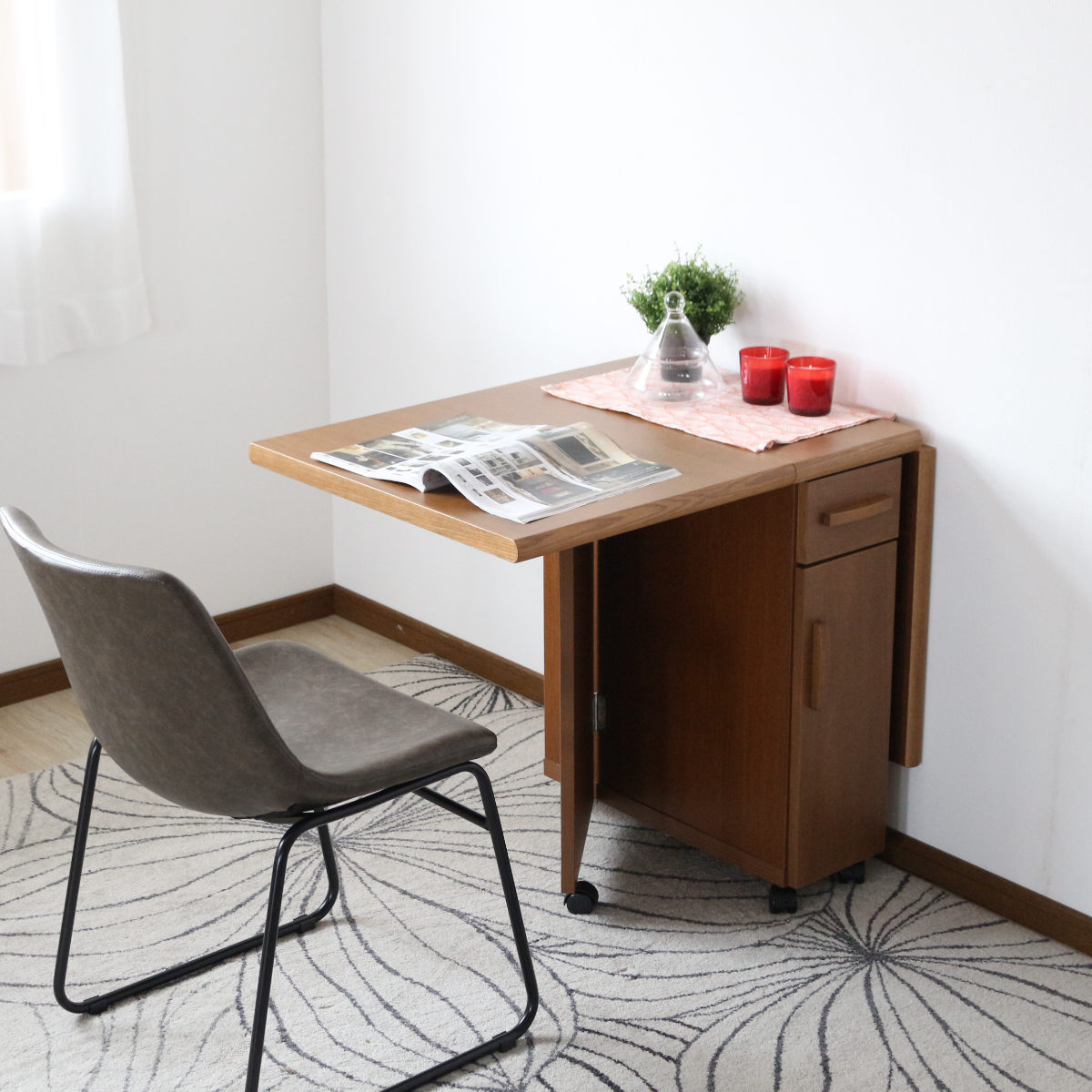 ダイニングテーブル 2人用 折りたたみ 幅32~125cm バタフライ 引出し付 ( テーブル 食卓テーブル キャスター付き 収納 引き出し 木製 コンパクト 天板 伸長 折り畳み ダイニング 食卓 おしゃれ 省スペース 伸縮テーブル )