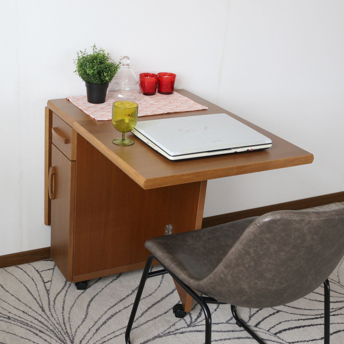 ダイニングテーブル 2人用 折りたたみ 幅32~125cm バタフライ 引出し付 ( テーブル 食卓テーブル キャスター付き 収納 引き出し 木製 コンパクト 天板 伸長 折り畳み ダイニング 食卓 おしゃれ 省スペース 伸縮テーブル )