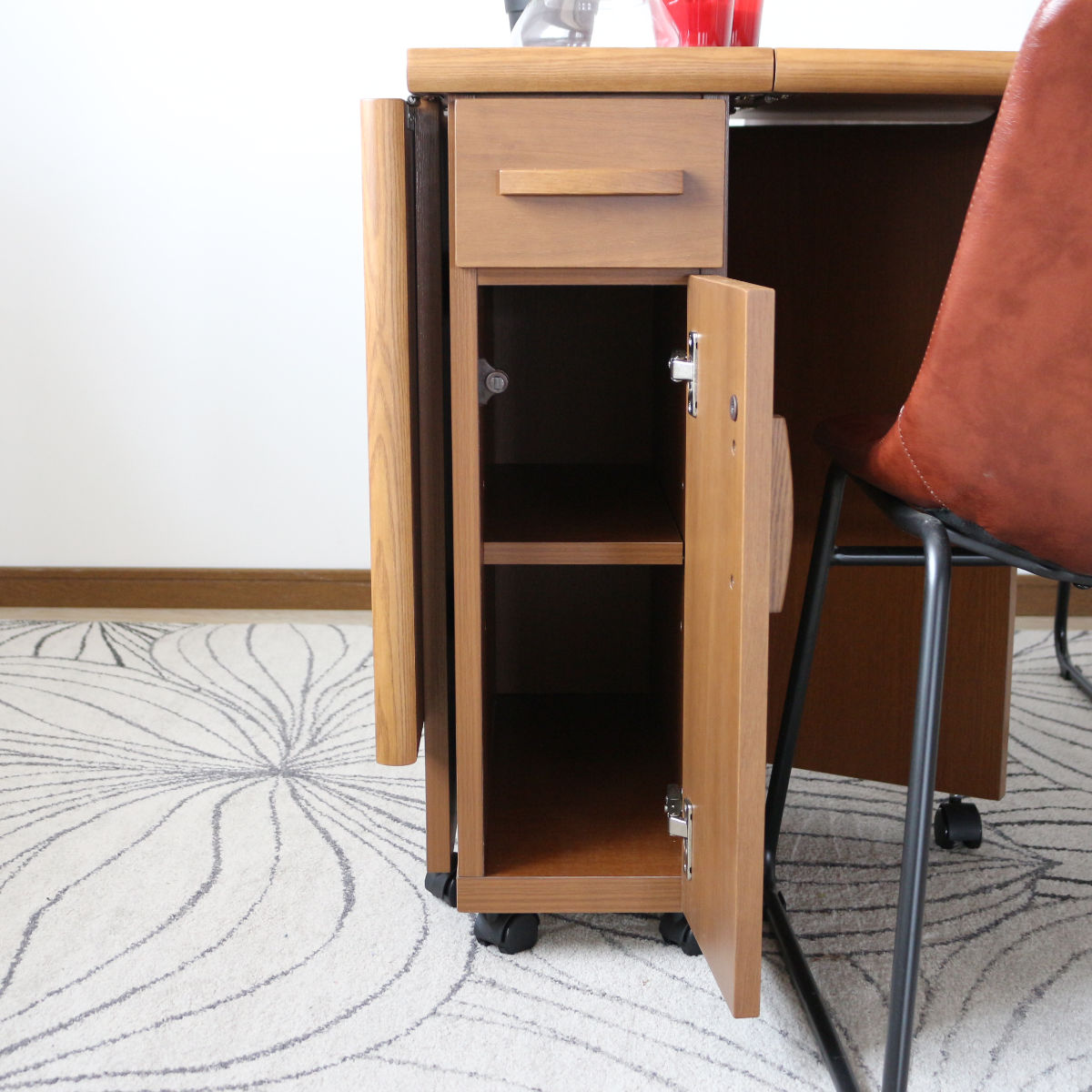 ダイニングテーブル 2人用 折りたたみ 幅32~125cm バタフライ 引出し付 ( テーブル 食卓テーブル キャスター付き 収納 引き出し 木製 コンパクト 天板 伸長 折り畳み ダイニング 食卓 おしゃれ 省スペース 伸縮テーブル )