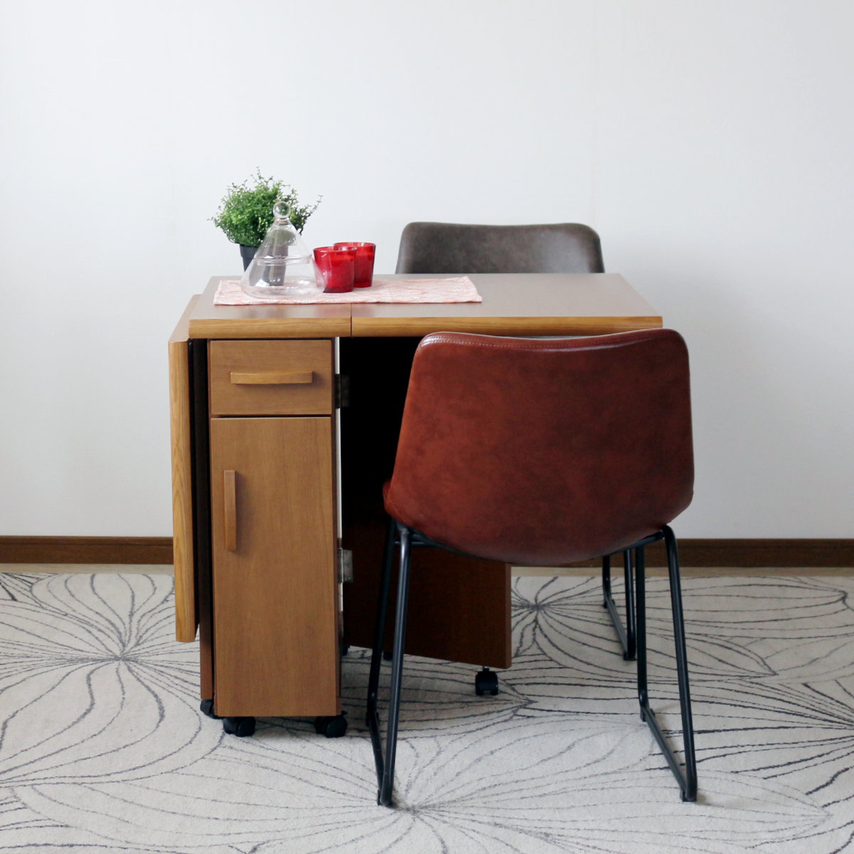 ダイニングテーブル 2人用 折りたたみ 幅32~125cm バタフライ 引出し付 ( テーブル 食卓テーブル キャスター付き 収納 引き出し 木製 コンパクト 天板 伸長 折り畳み ダイニング 食卓 おしゃれ 省スペース 伸縮テーブル )