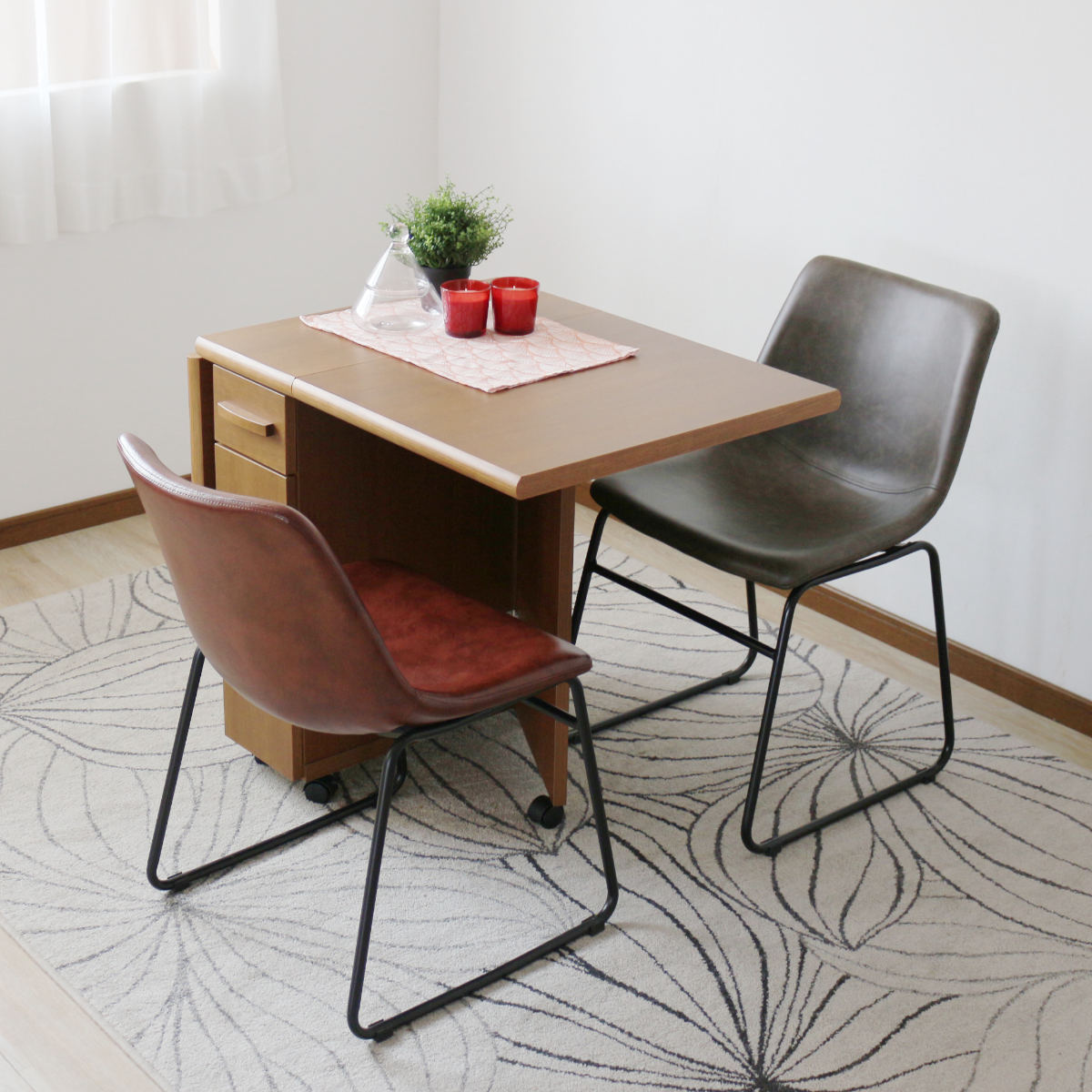 ダイニングテーブル 2人用 折りたたみ 幅32~125cm バタフライ 引出し付 ( テーブル 食卓テーブル キャスター付き 収納 引き出し 木製 コンパクト 天板 伸長 折り畳み ダイニング 食卓 おしゃれ 省スペース 伸縮テーブル )