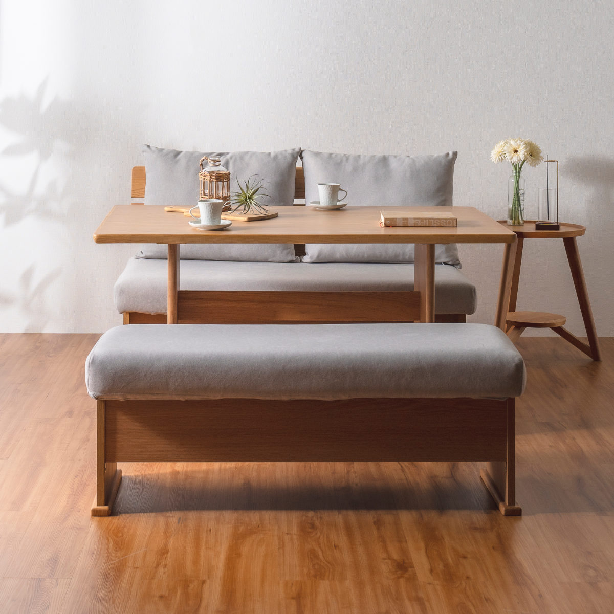 ダイニングベンチ 2人掛け 幅112cm 座面下収納付 ( ソファー ダイニング ベンチ 食卓椅子 木製 天然木 クッション チェア 椅子 カバーリング 撥水 ファブリック 傷に強い ダイニングチェア ) 【ライトブルー】 ライトブルー