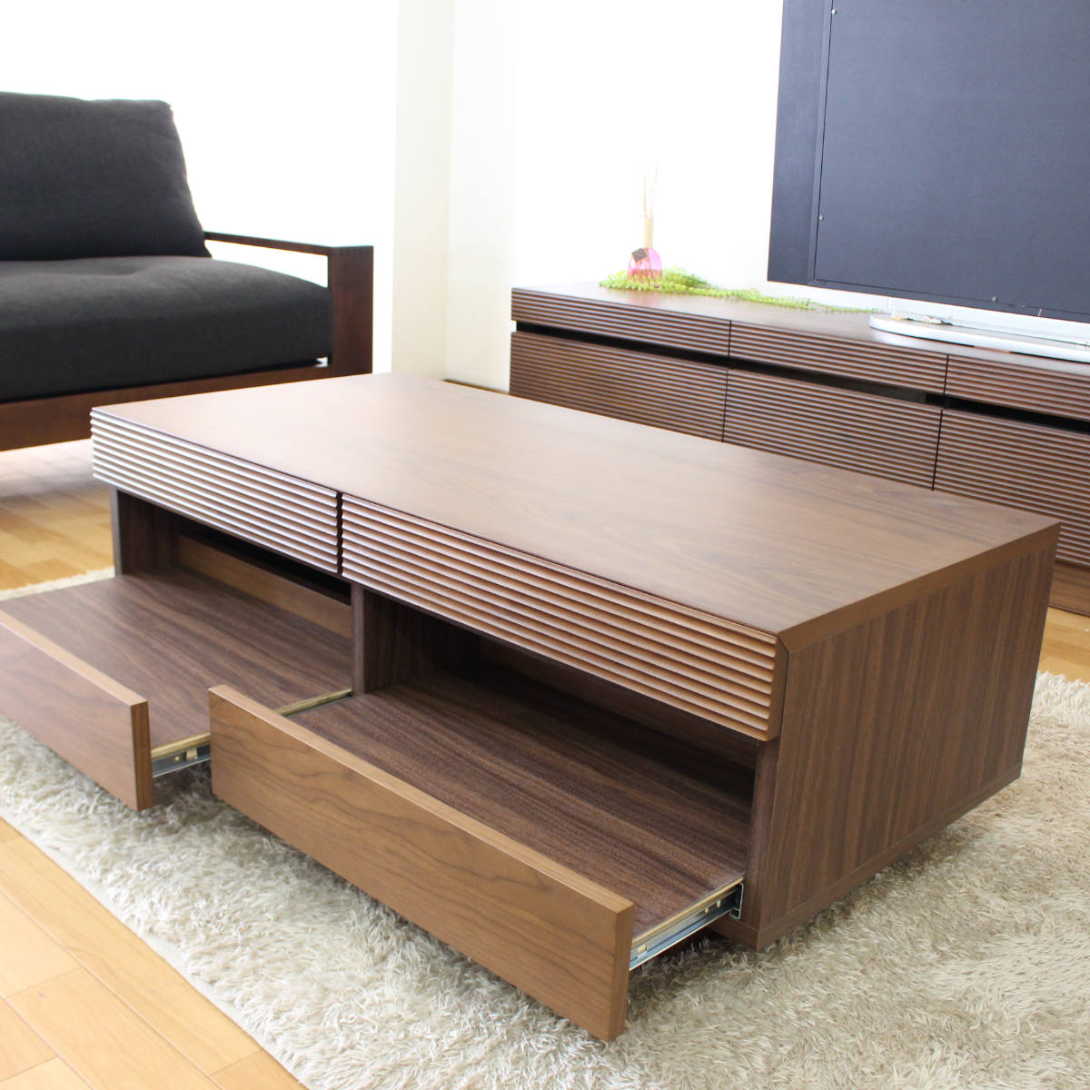 リビングテーブル 高さ37cm 天板長方形 引出し付 センターテーブル ( テーブル 机 リビング ローテーブル 木製 天然木 収納 大容量 引き出し スライド棚 長方形 完成品 コーヒーテーブル おしゃれ 木製テーブル ) 【ブラウン】 ブラウン