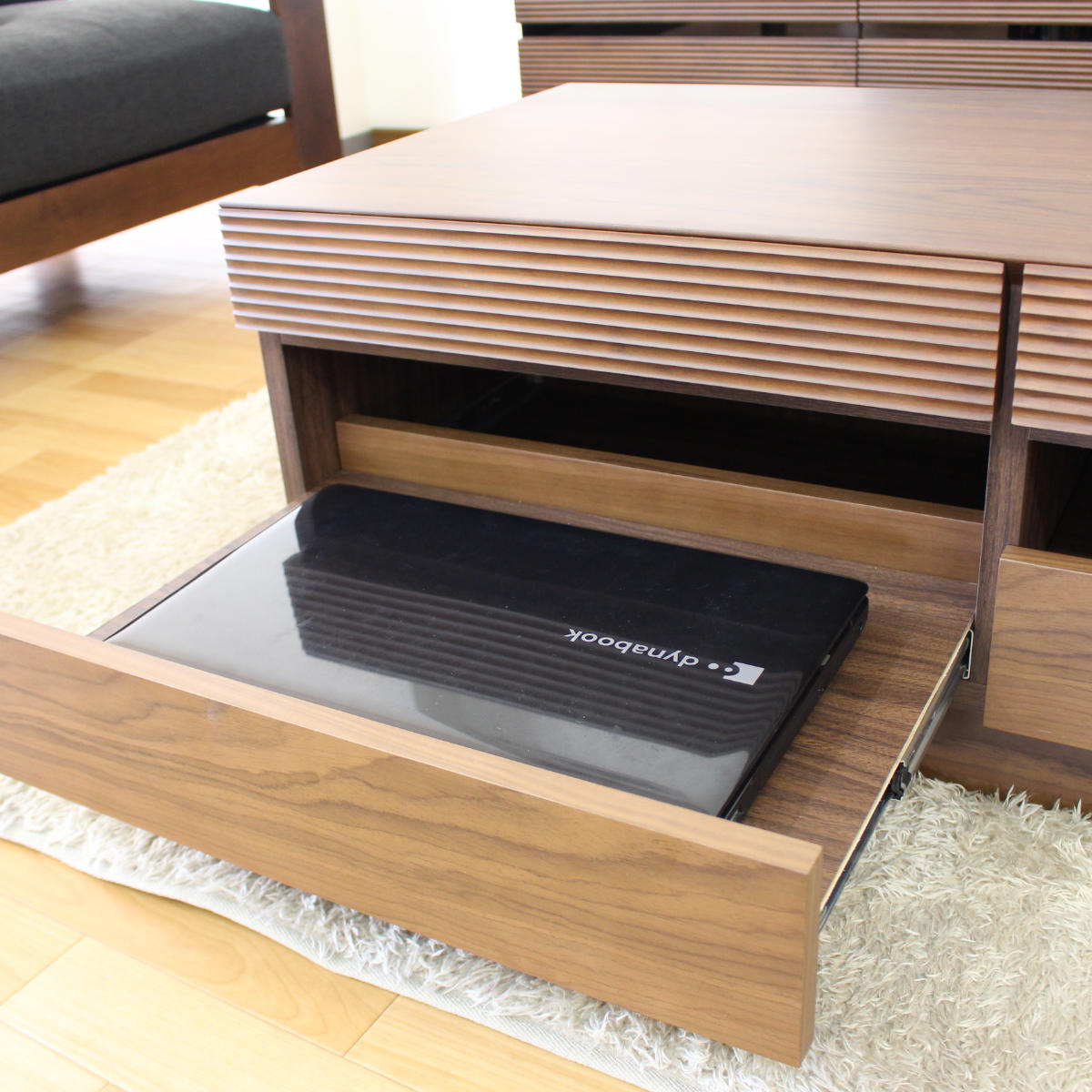 リビングテーブル 高さ37cm 天板長方形 引出し付 センターテーブル ( テーブル 机 リビング ローテーブル 木製 天然木 収納 大容量 引き出し スライド棚 長方形 完成品 コーヒーテーブル おしゃれ 木製テーブル ) 【ブラウン】 ブラウン